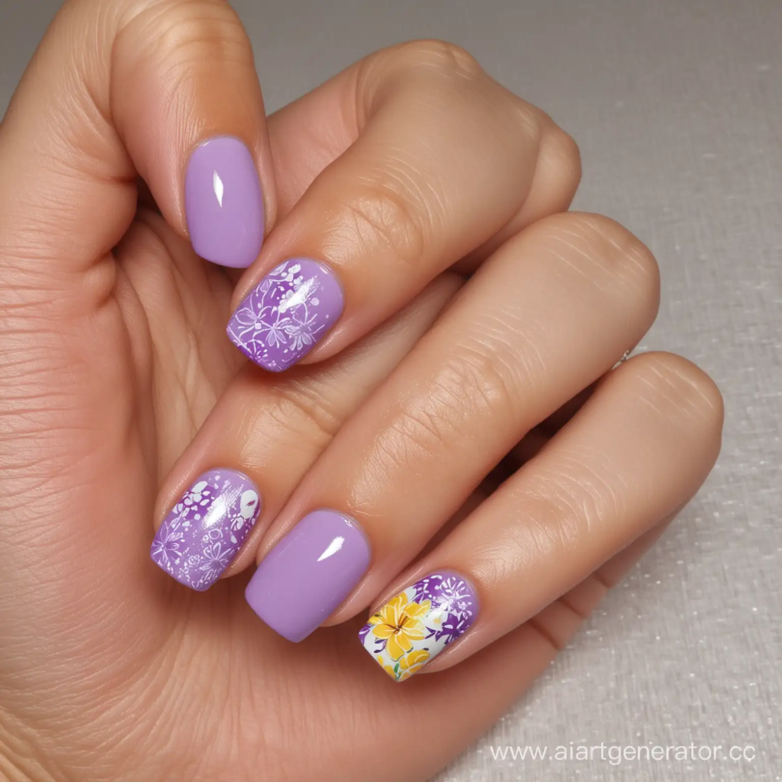 Дизайн ногтей, летнее настроение, используемые цвета: фиолетовый, белый, сиреневый, желтый