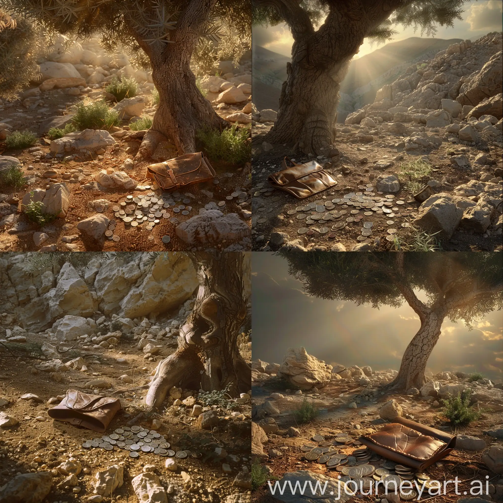 Generate a super realistic image of an evocative scene depicting the betrayal of Judas Iscariot. Picture a towering tree bathed in the alternating light and shadow of the midday sun amidst the rocky reliefs of the Middle East. A small, old leather pouch, made of common and durable material with a simple and rustic finish, lies open and discarded on the ground of dirt and weeds, surrounded by 30 silver coins from the ancient Roman Empire scattered about, symbolizing the price of betrayal.