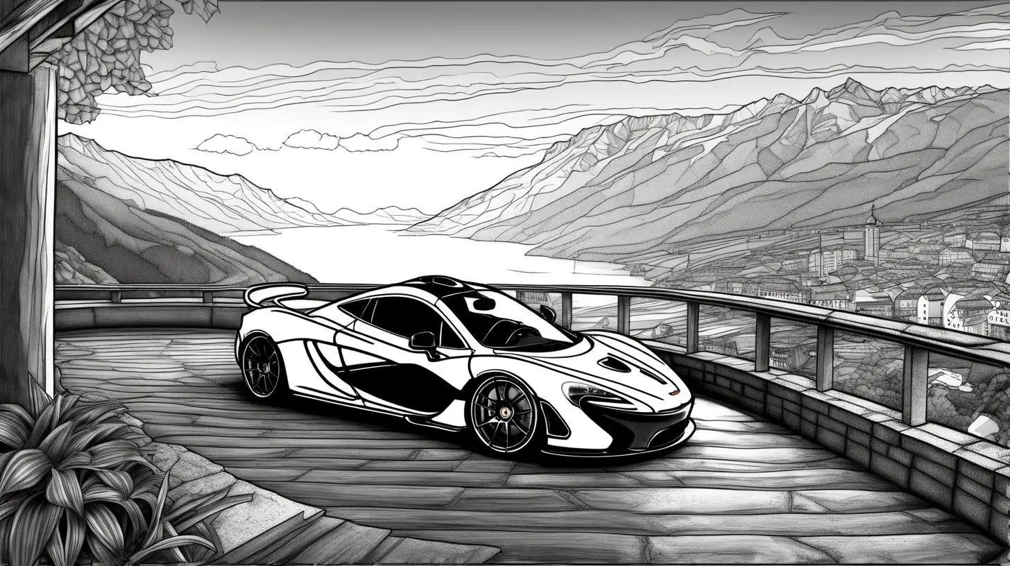 mclaren p1 by a lookout in switzerland with sunrise, colouring book style, colorless