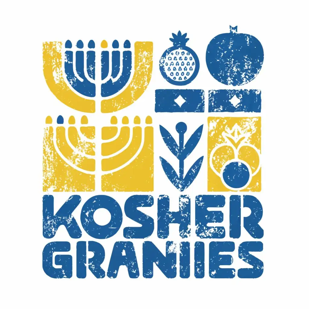 logo, Israel, yellow, blue, white, Menorah, olives, pomegranate, Paul Klee, with the text "Kosher Grannies", typography, be used in Automotive industry
