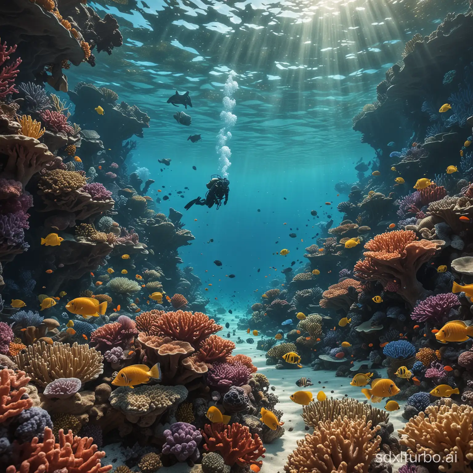 Underwater photography of a coral reef, with diverse marine life and a scuba diver for scale, extremely detailed, in the style of zootopia, beksinski, fish photography, shallow depth of field, 8k, sharp focus, art by artgerm and greg rutkowski