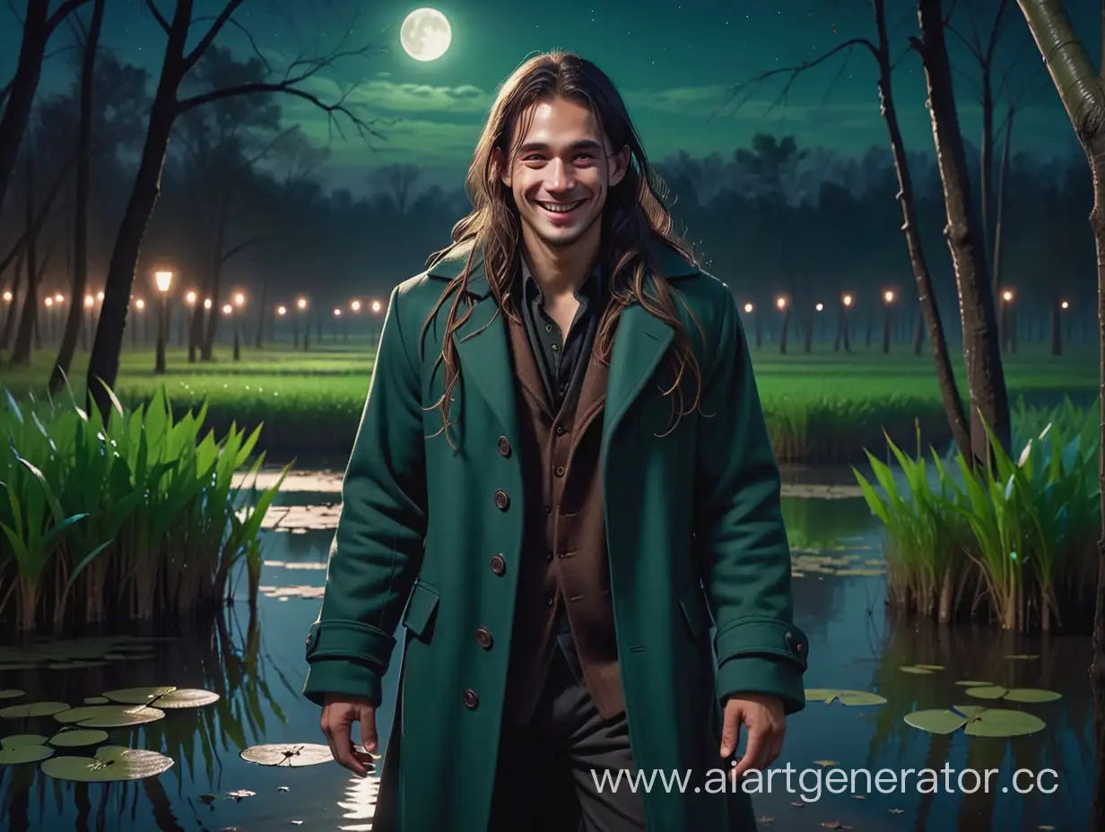 вор с длинными волосами в длинном пальто с улыбкой стоит на болоте ночью