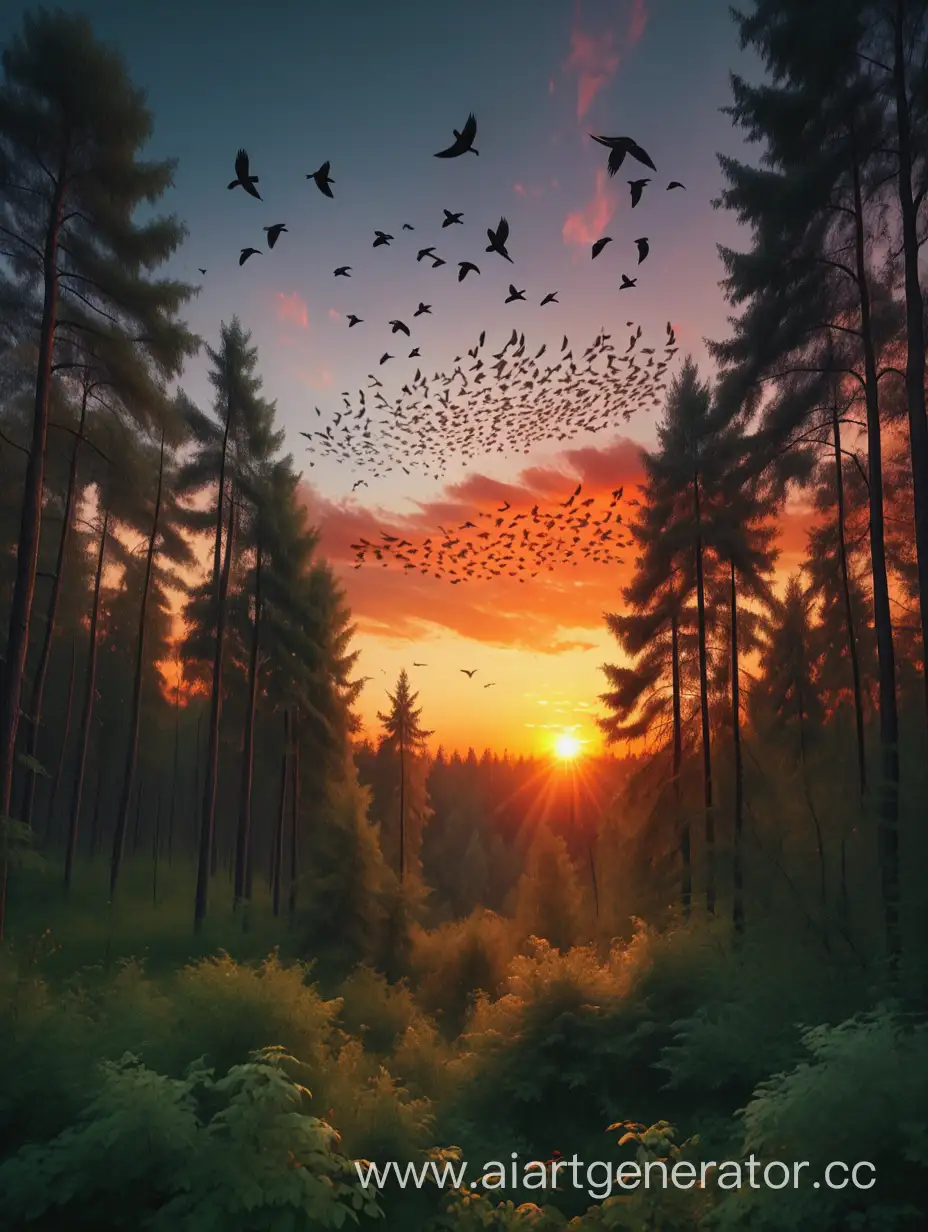 An incredibly beautiful sunset in the forest above the treetops, birds are flying