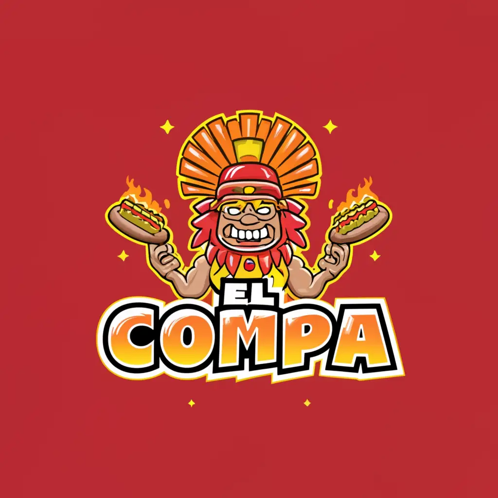 a logo design,with the text ""El Compa"  aztec warrior
Best bacon wrapped hot dogs", main symbol:Hot dog man,complex,clear background