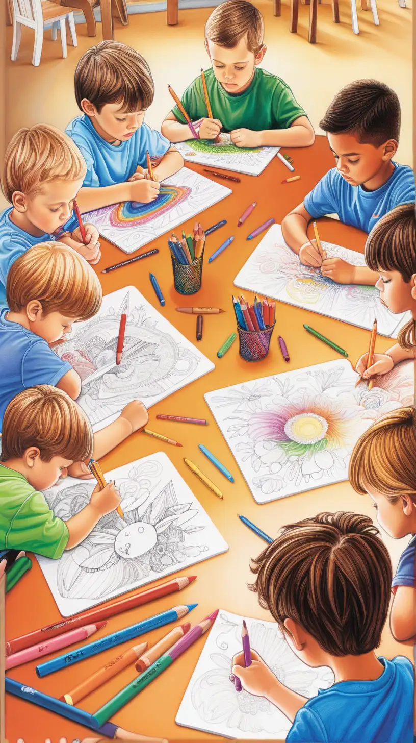 boys and girls sitting, coloring with crayons, focused, in full color