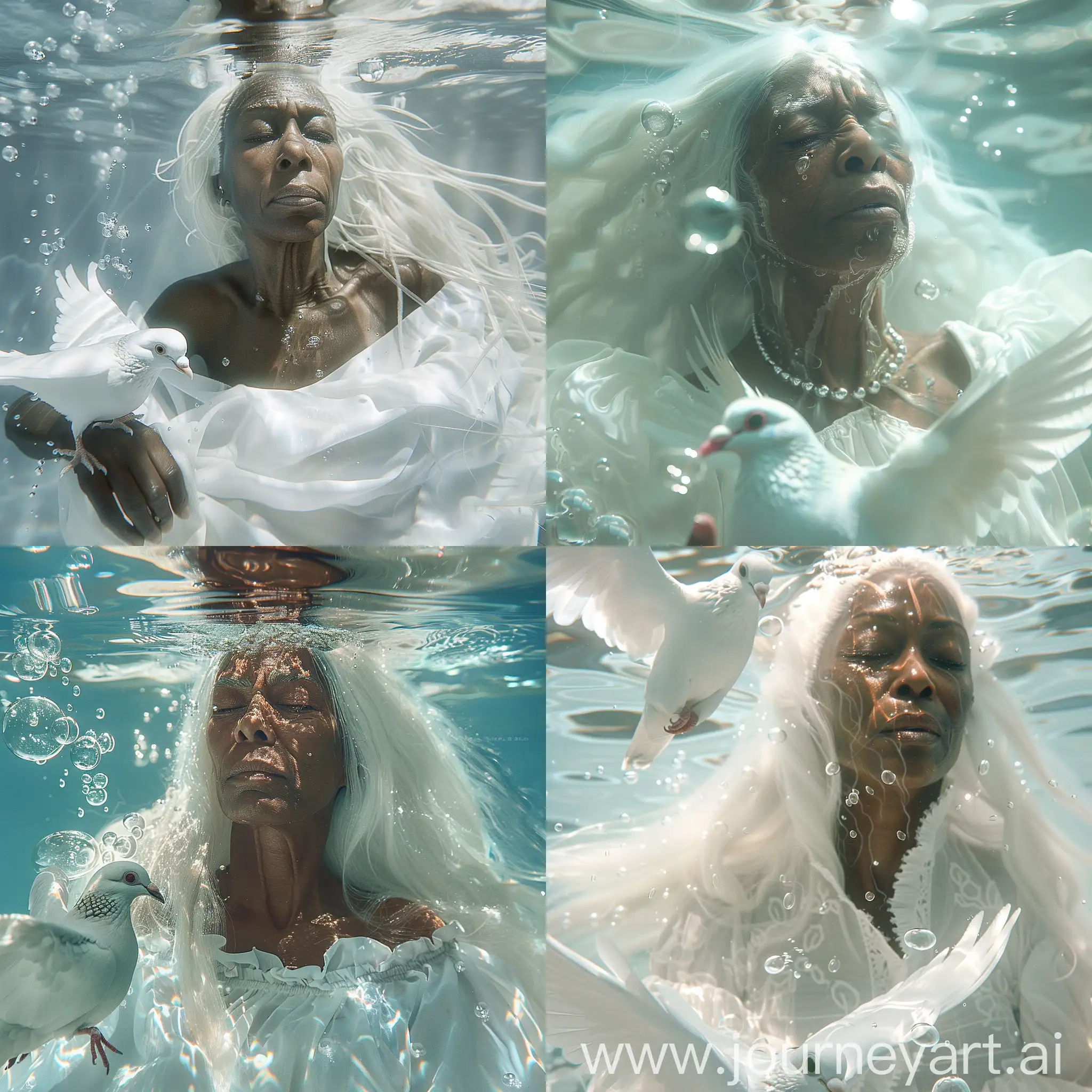 a captivating cinematic image of a beautiful 50-year-old black woman with strong emotions, long white hair, eyes closed underwater, a realistic few large bubbles, white clothes, reflection of underwater light on her and on the dove, a white dove swimming near her