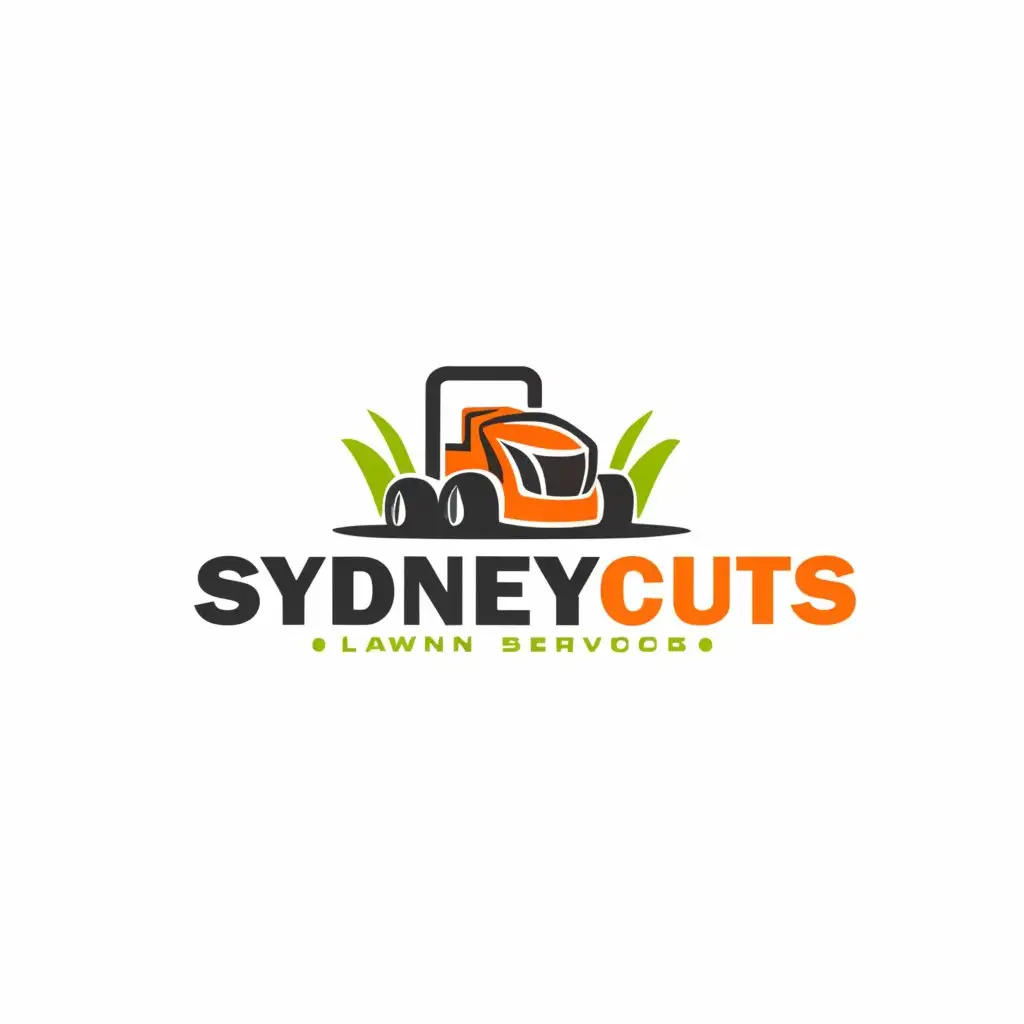 a logo design,with the text "SYDNEYCUTS", main symbol:LAWN MOWER CUTTING GRASS,Moderate,clear background