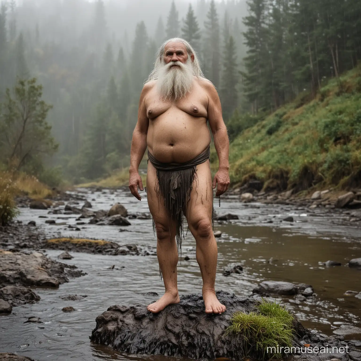 troll,mountain trod by creek,large feet,naked,loincloth,dumpy,chubby,primitive,hairy,long beard,old age,standing on a rock of creek,rainy,wet dirty black mud on body