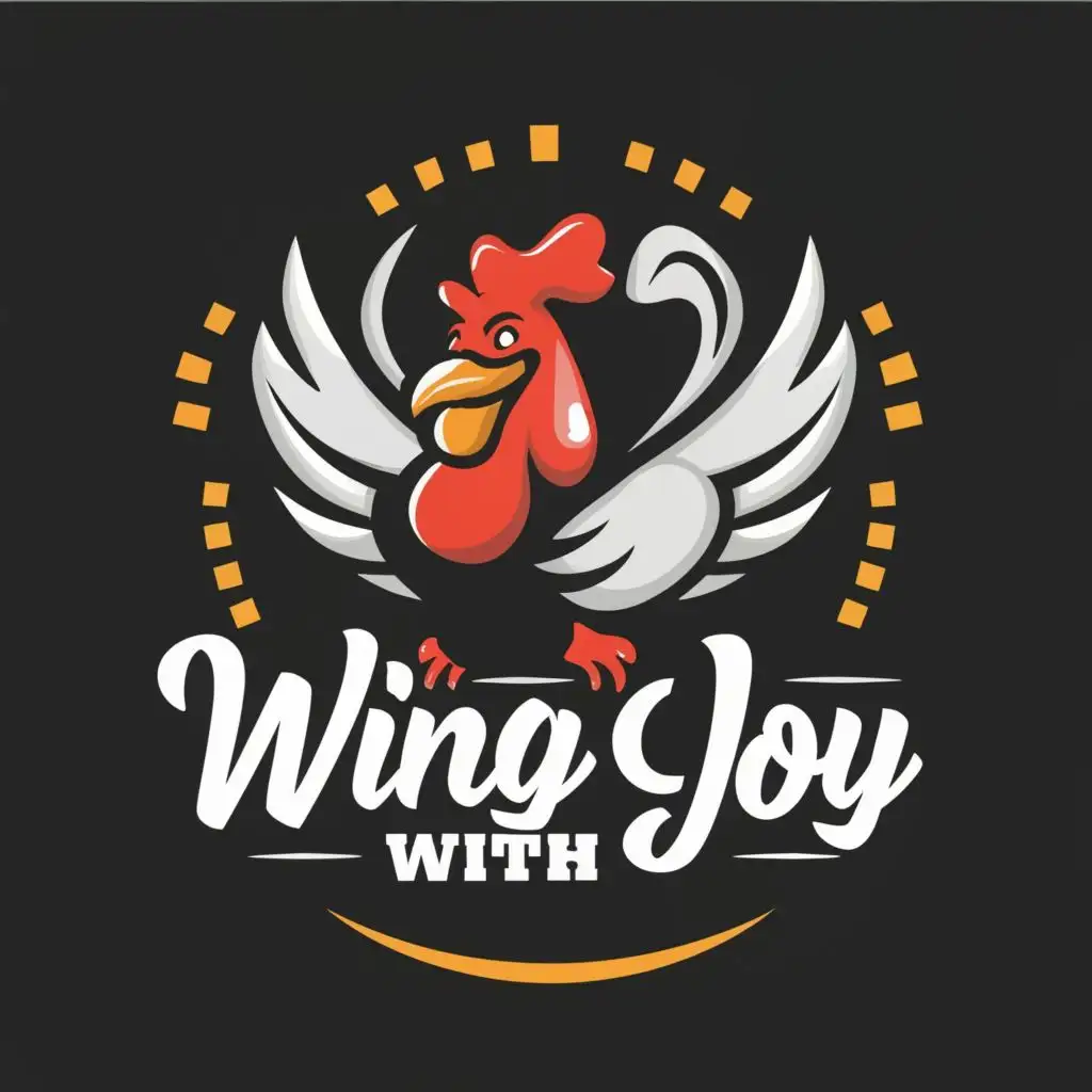 logo, rooster, smile, hot wings, black and white, with the text "Wing It With Joy", typography, be used in Restaurant industry