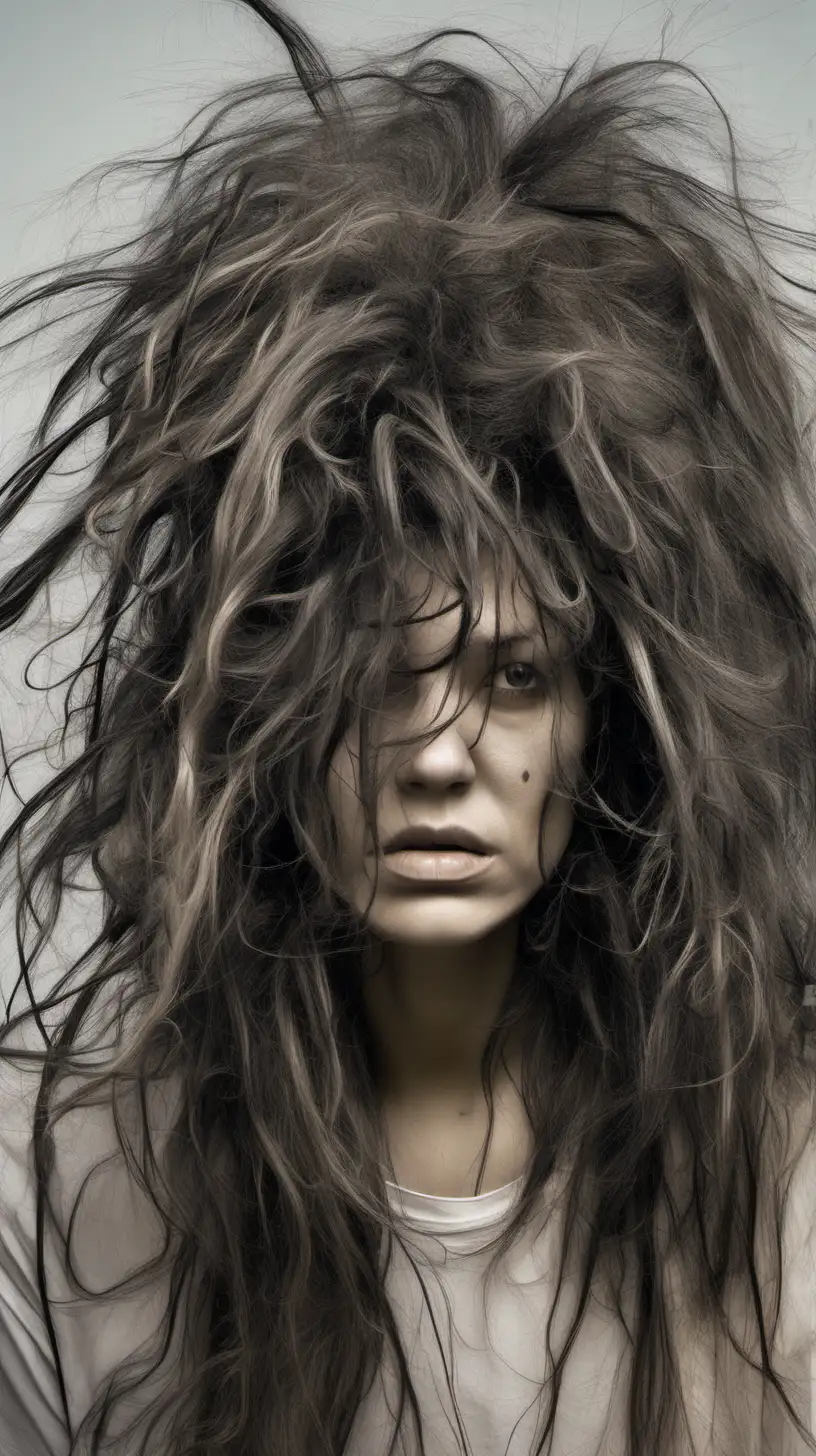 Disheveled Woman Embracing Unconventional Beauty with Wild Hair