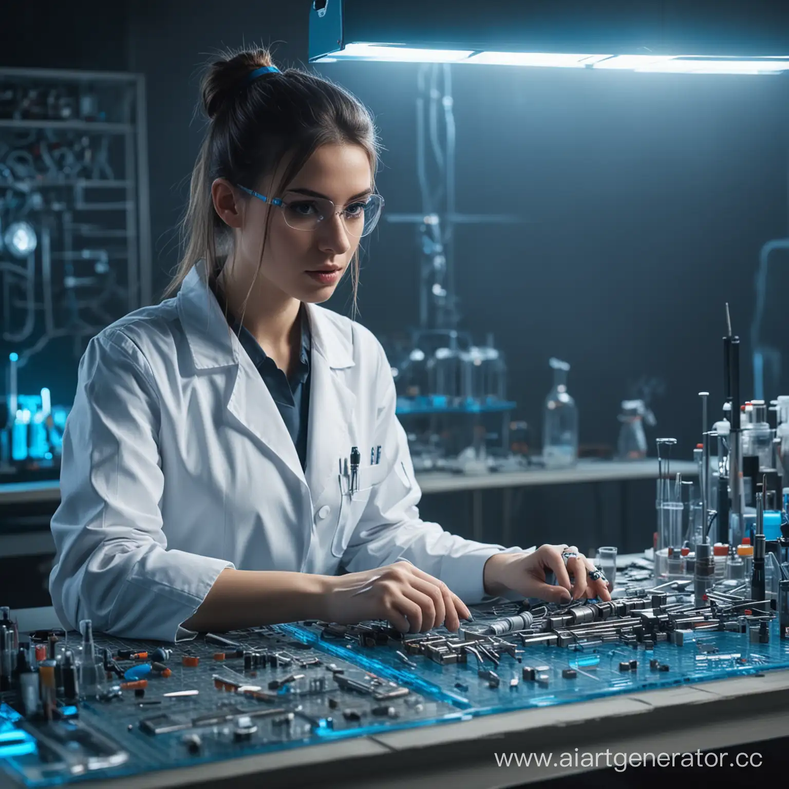 Young-Female-Doctor-Assembles-Cyberpunk-Figure-in-Laboratory-with-Neon-Blue-Grid