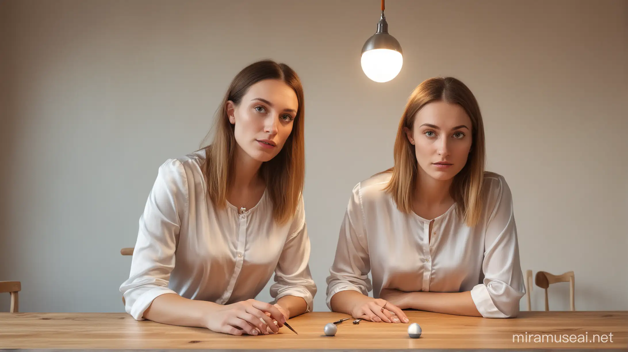 a realistic portrait of two women, big nose, looking like they have a cold, wearing silk contemporary tops, working at a round light wooden table, busy with the pendulum effect