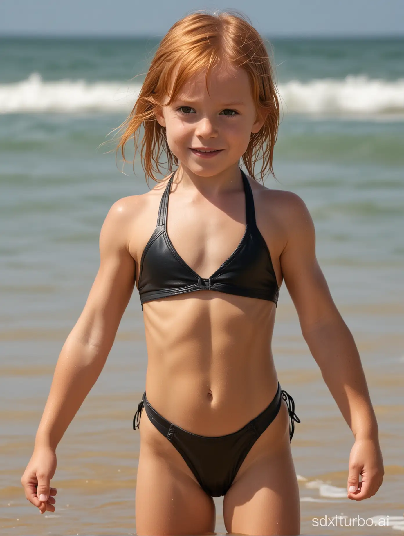 Muscular-6YearOld-GingerHaired-Girl-in-Leather-Bathing-Suit-at-Odessa-Beach