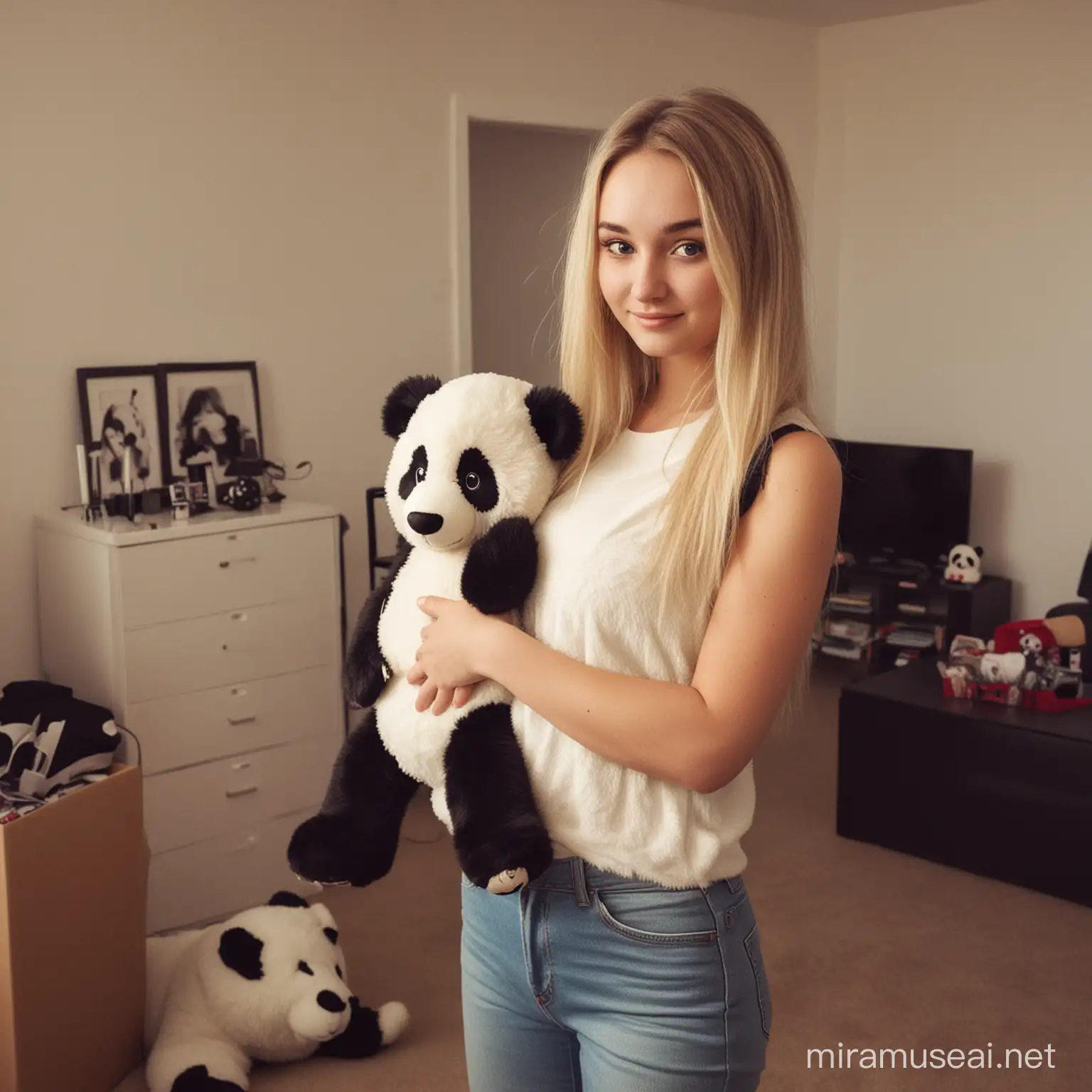 A blonde 20 year old woman in an apartment, there is a massive stuffed panda bear in the apartment, the woman is holding a bomb