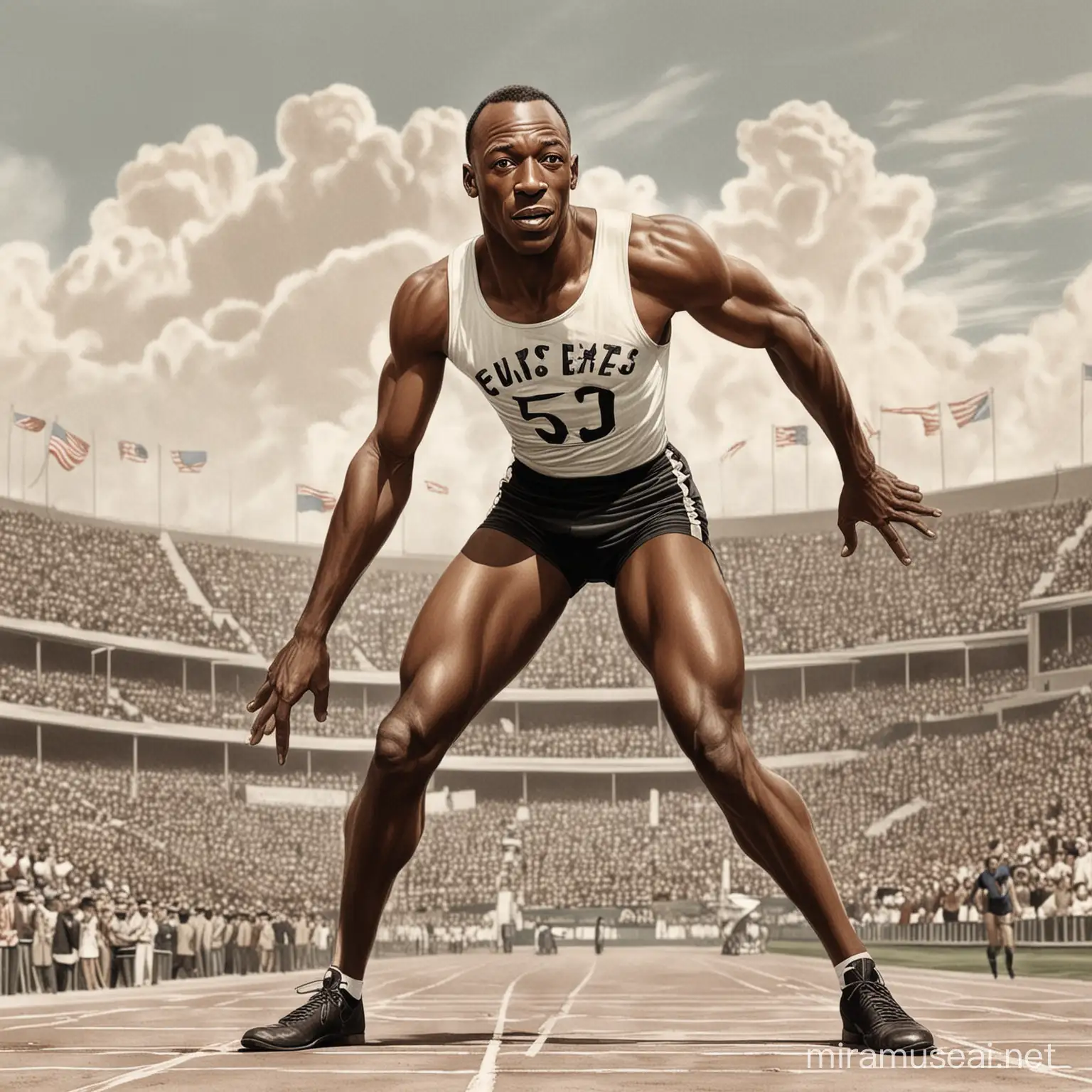 Jesse Owens Cartoon Legendary Athlete in Iconic Pose