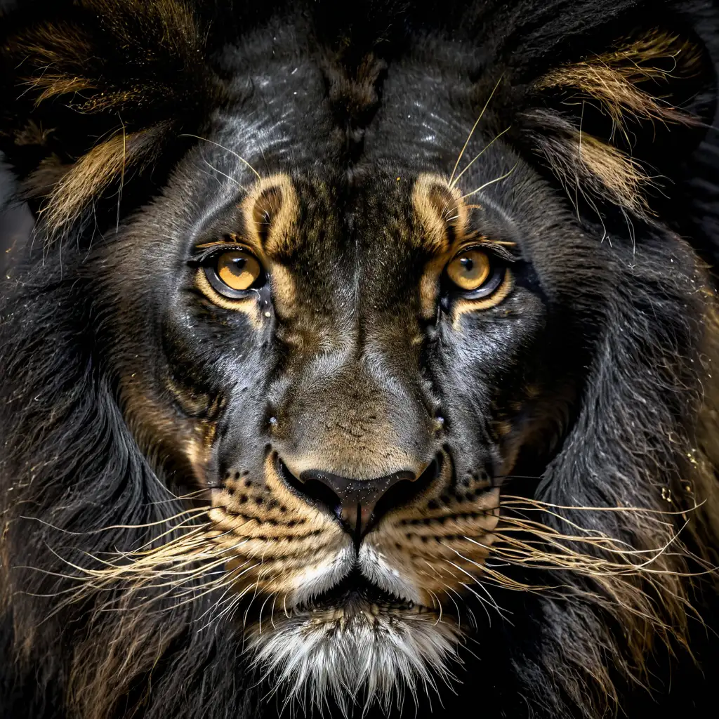 Majestic Black Lion Portrait with Elegant Gold Accents
