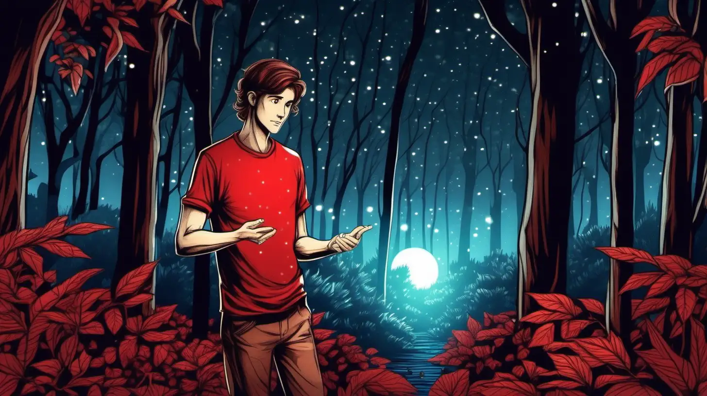 Mystical Night Encounter RedShirted Man in Enchanted Forest