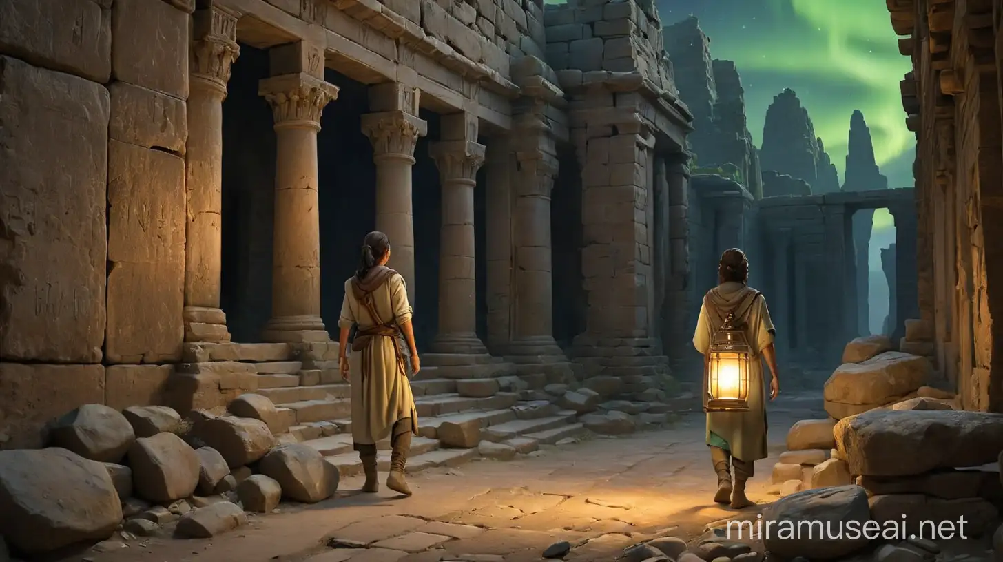 Exploring Ancient Temple Ruins Archaeologist Amidst Artifacts and Aurora Borealis