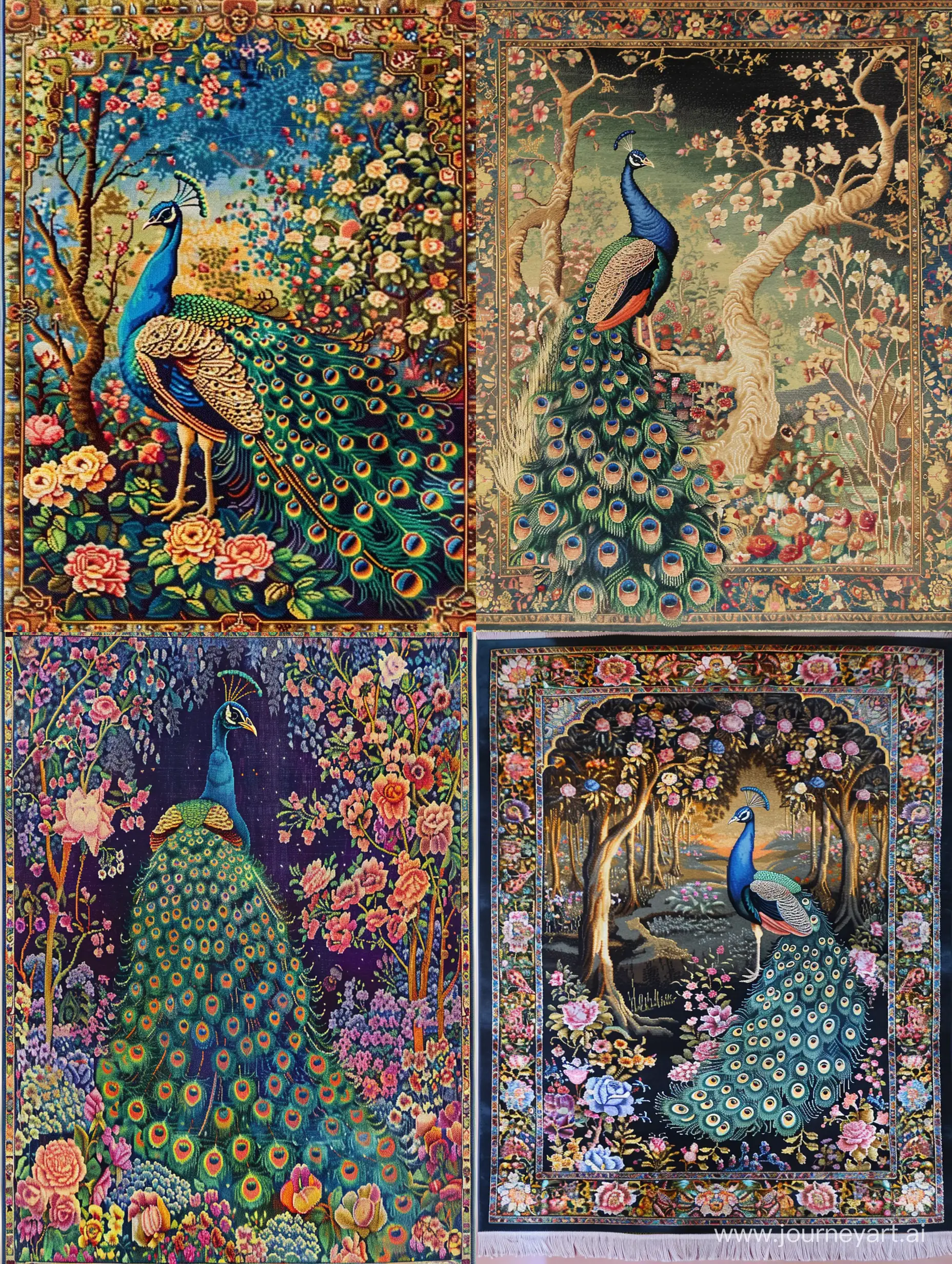 Iranian carpet with a design of a peacock in heaven with beautiful flowers and trees is woven in three dimensions, which is half woven. The picture is of the highest quality, the photo is vertical, A4 size / ar 9:16