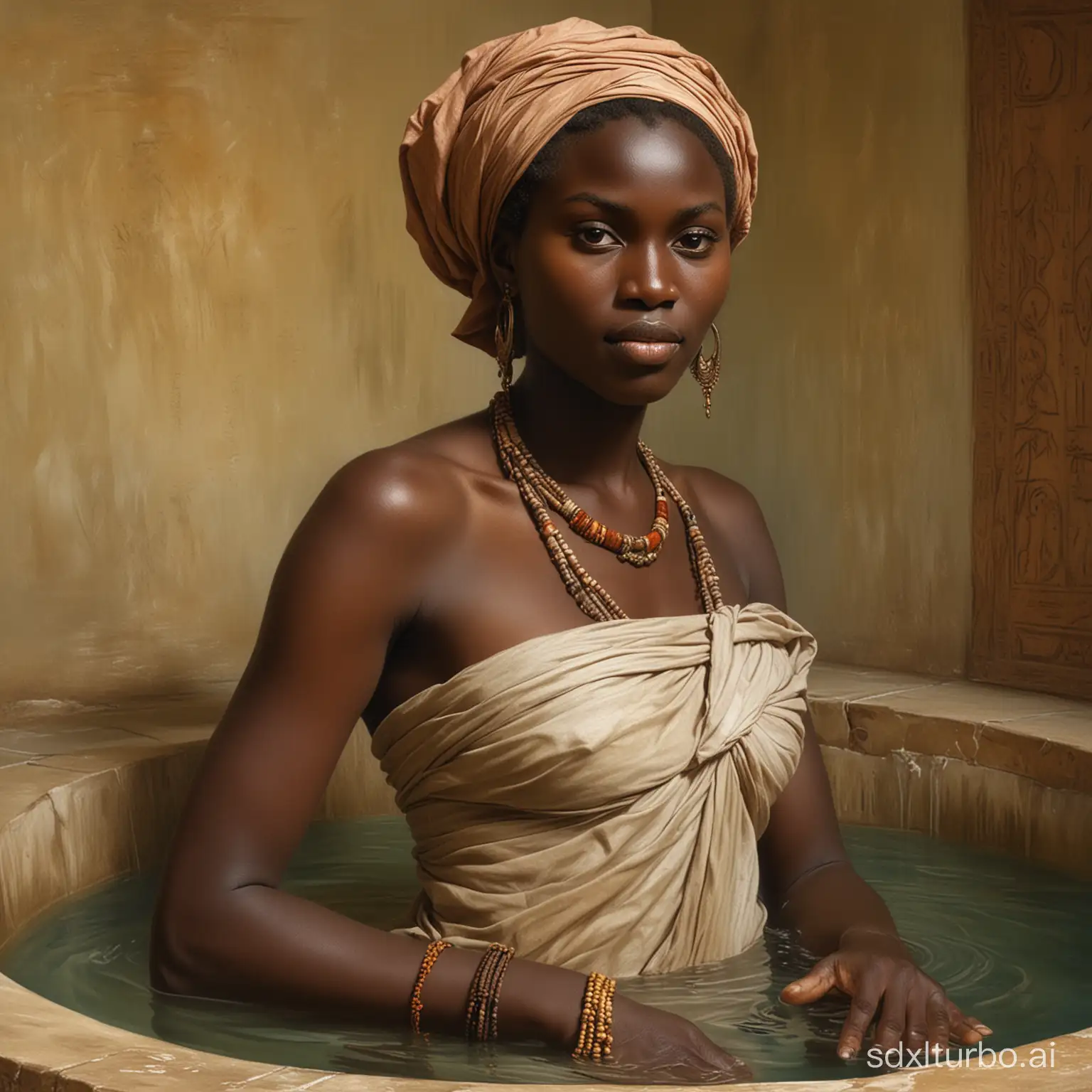 Give me a prompt an image generating ai to describe an award winning ornate painting by Leonardo da Vinci of a young exceptionally beautiful curvaceous traditionally dressed pre colonial Turkana woman in a Roman bathhouse being washed by her beautiful teenage caucasien servants