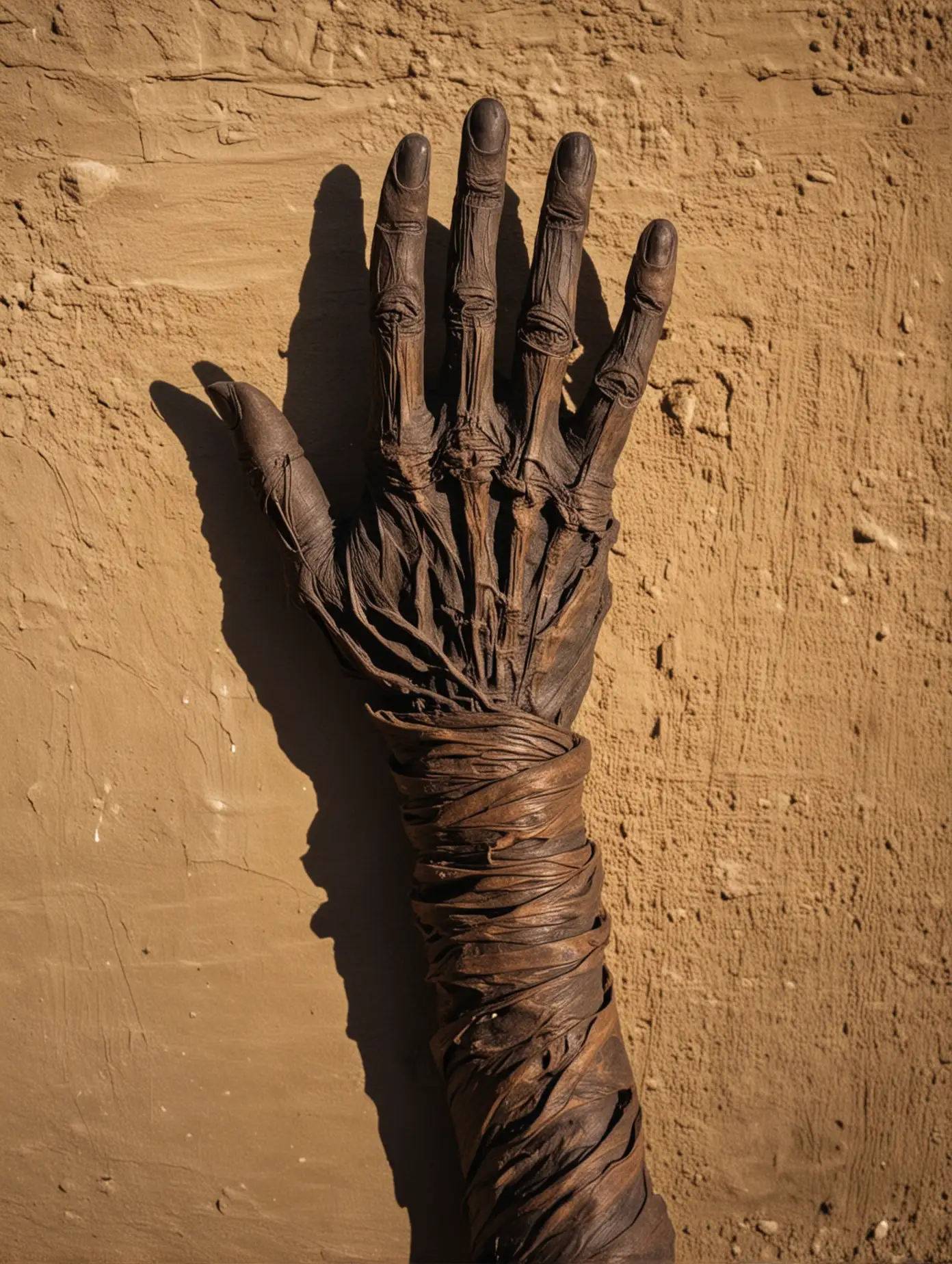 main momifiée qui renvoie l'ombre d'une maison 
