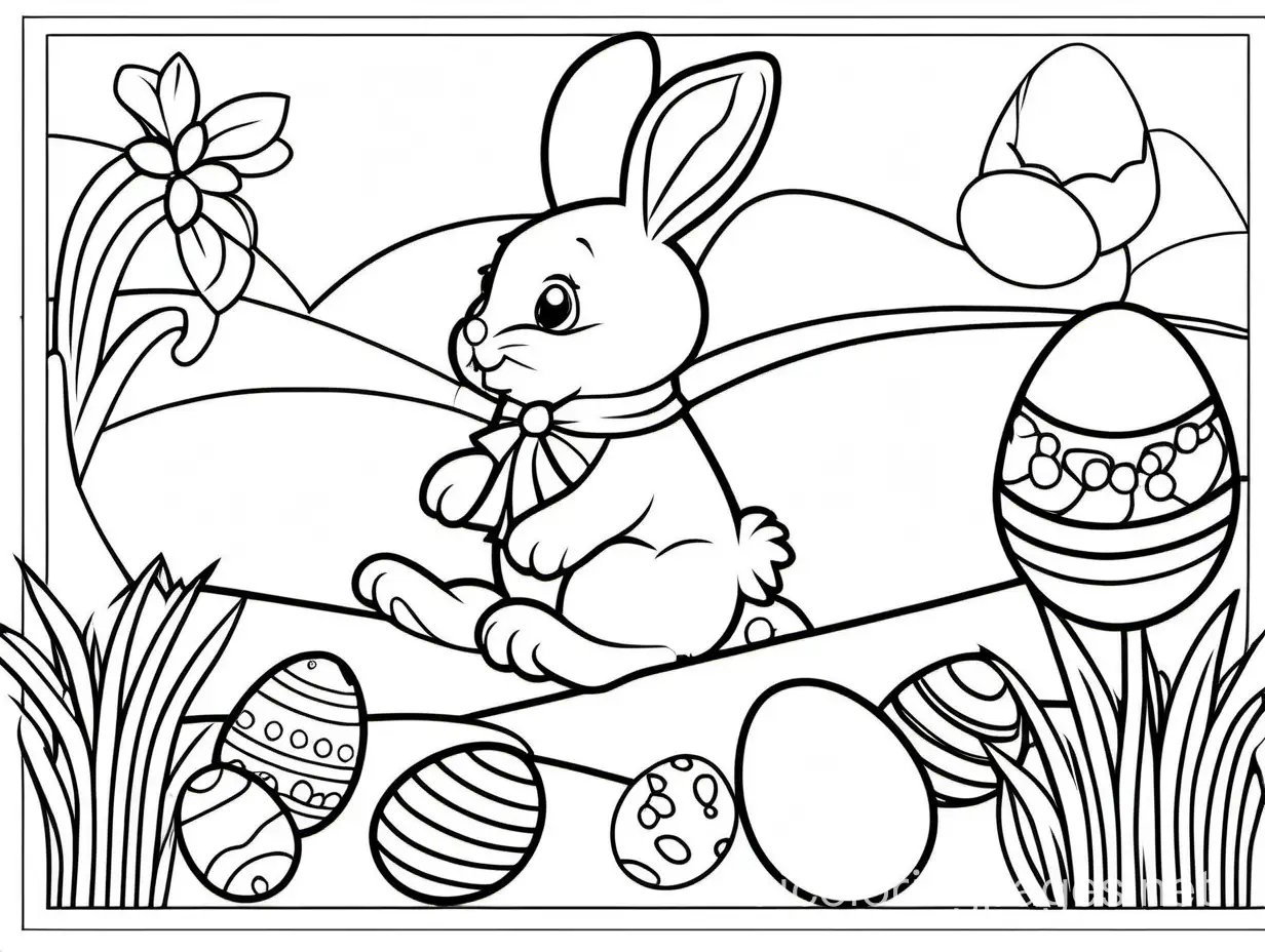 Easter coloring pages for kids, Coloring Page, black and white, line art, white background, Simplicity, Ample White Space. The background of the coloring page is plain white to make it easy for young children to color within the lines. The outlines of all the subjects are easy to distinguish, making it simple for kids to color without too much difficulty