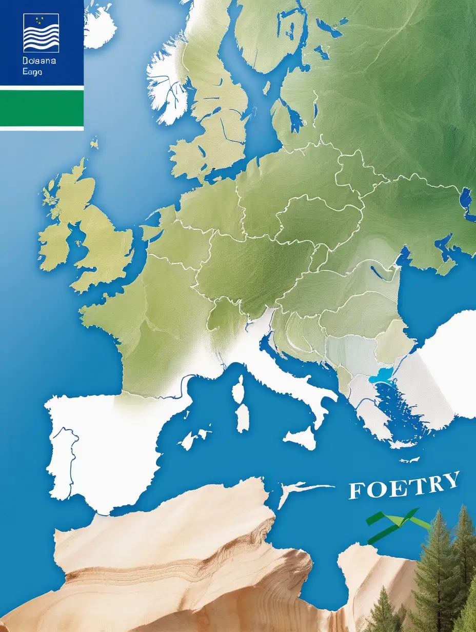 Create a cover page showing a forestry map of the EU focusing to Italy together with an image of a Mediterranean landscape
