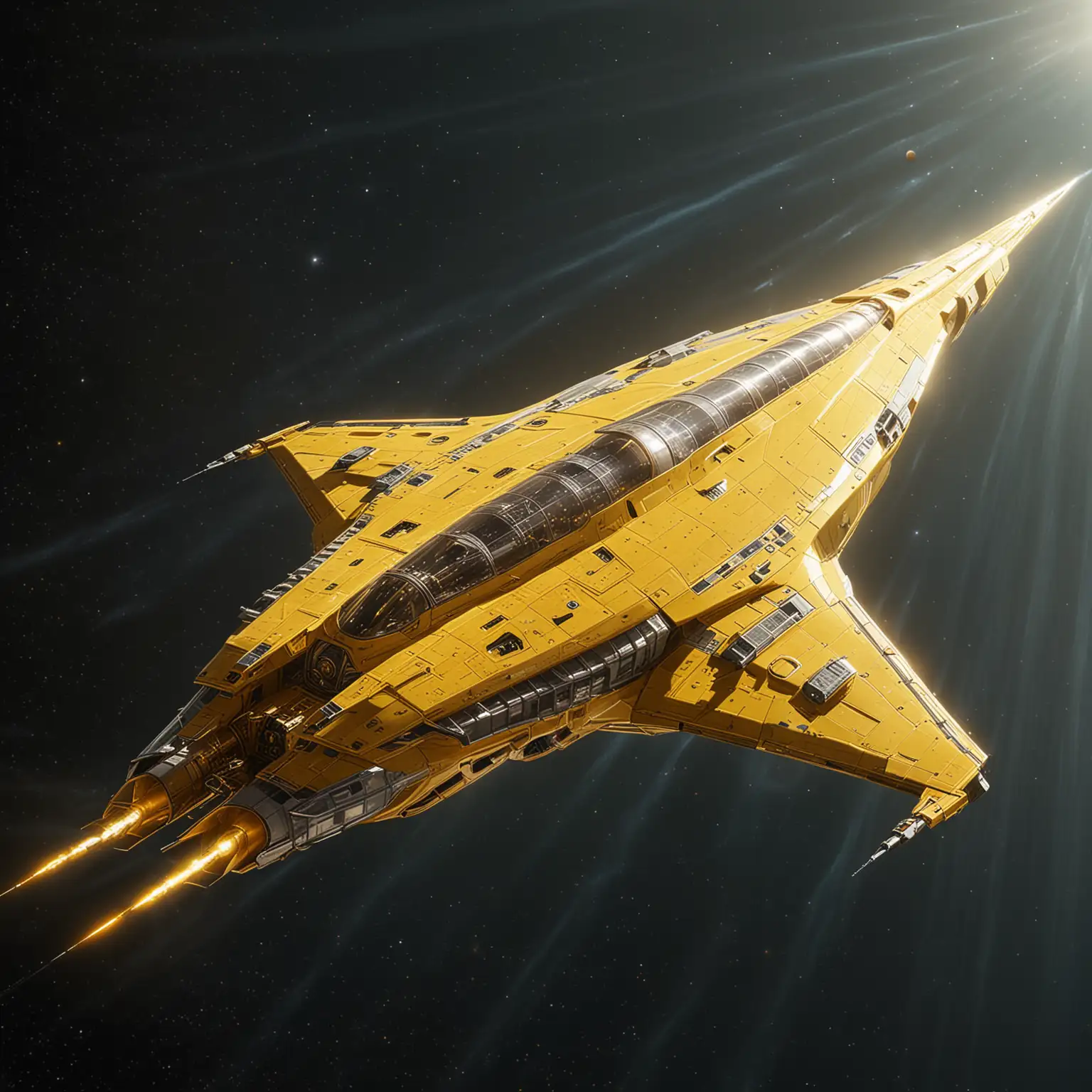 massive see-through spaceship shaped with wing type sides and long thin nose, lit up bright yellow, sucking up sun rays in space