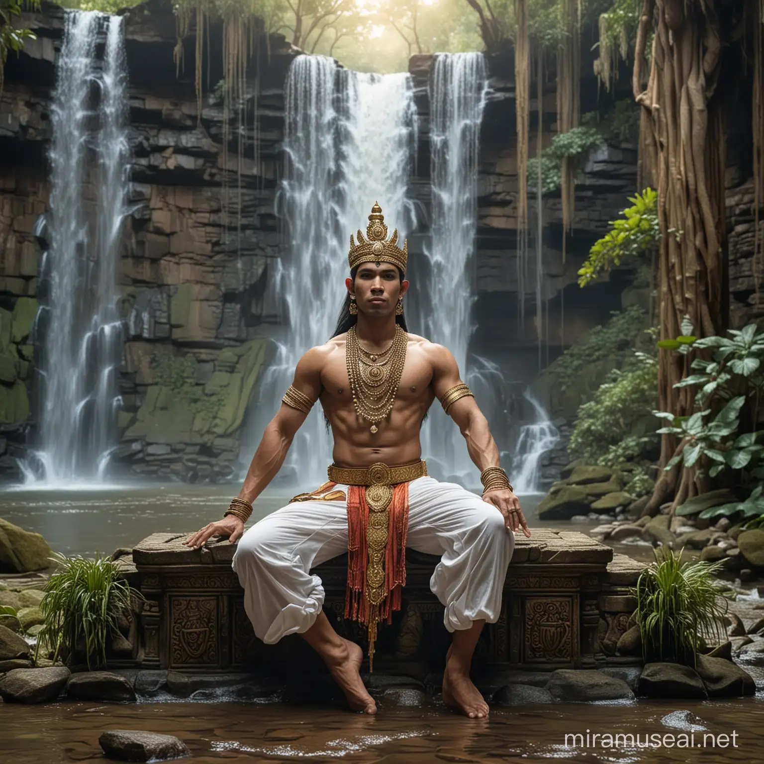 A male djinn with Cambodian Apsara dance outfit, sitting on his throne with waterfalls on the background