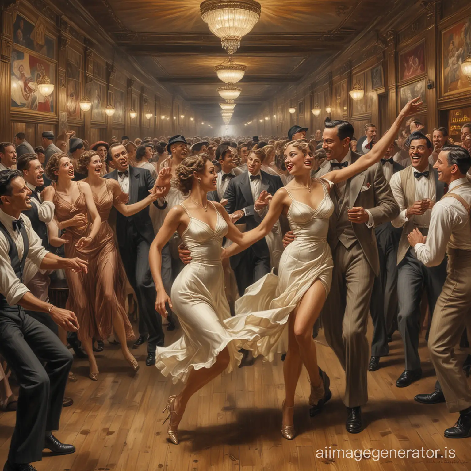 Imagine a bustling 1930s New York City dance hall, vibrant and teeming with life, through the eyes of Reginald Marsh, an artist known for his depictions of urban life and its dynamic human tableau. The scene is alive with movement; couples whirl across the dance floor, their forms blending into a symphony of motion. The air is charged with energy, the sounds of jazz and laughter melding into a rich tapestry of urban existence....