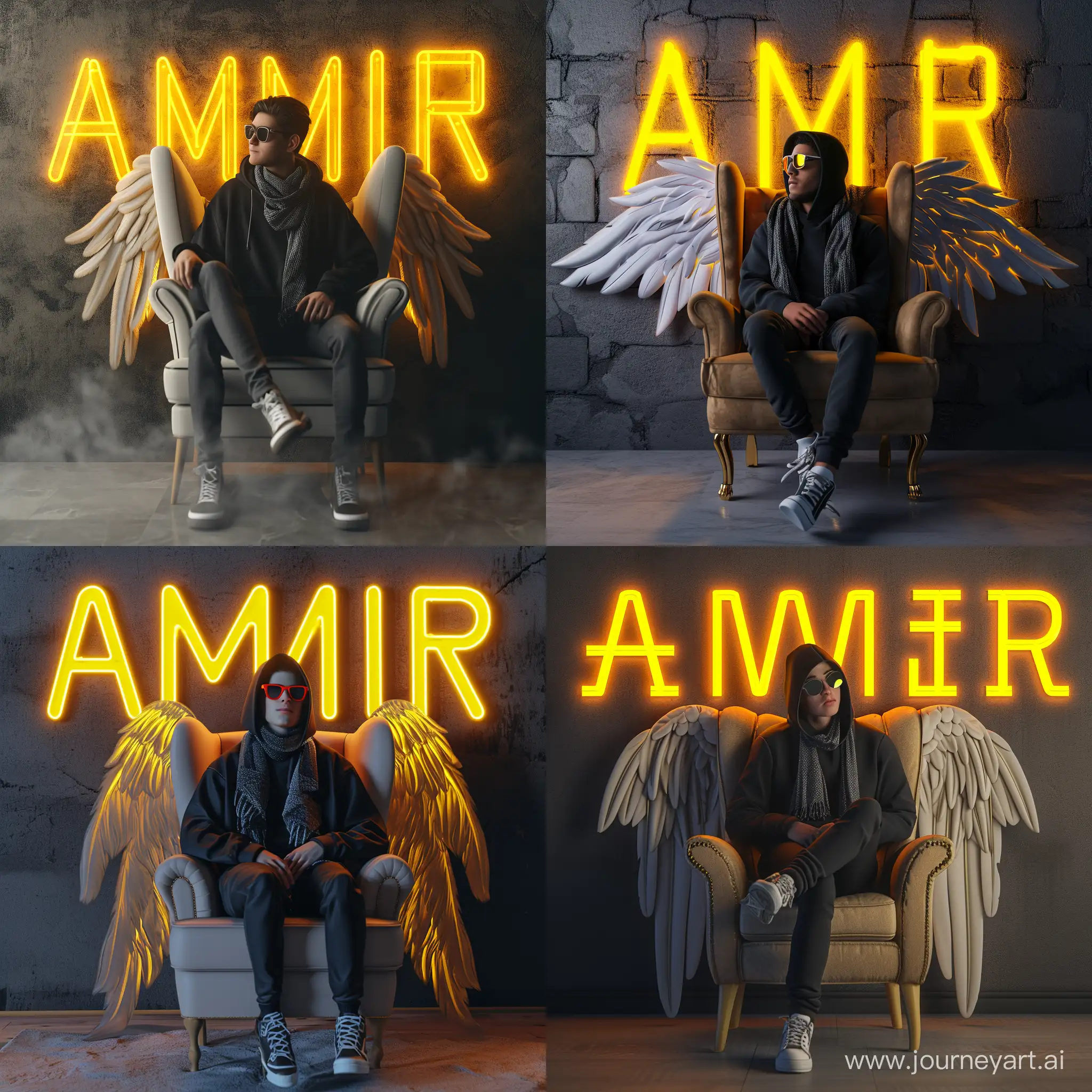 Create a 3D illusion for a profile picture where a "23" Year old cute "male" in black hoodie Sitting casually on a Wingback chair. Wearing sneakers, and sunglasses, and scarf, he looks ahead. The background features "AMIR" in big and capital Yellow neon light fonts on the dark gray wall. There should not be his shadow, and there are wings to make it appear as if he is an angel, 8k, HDR, hyper realistic.