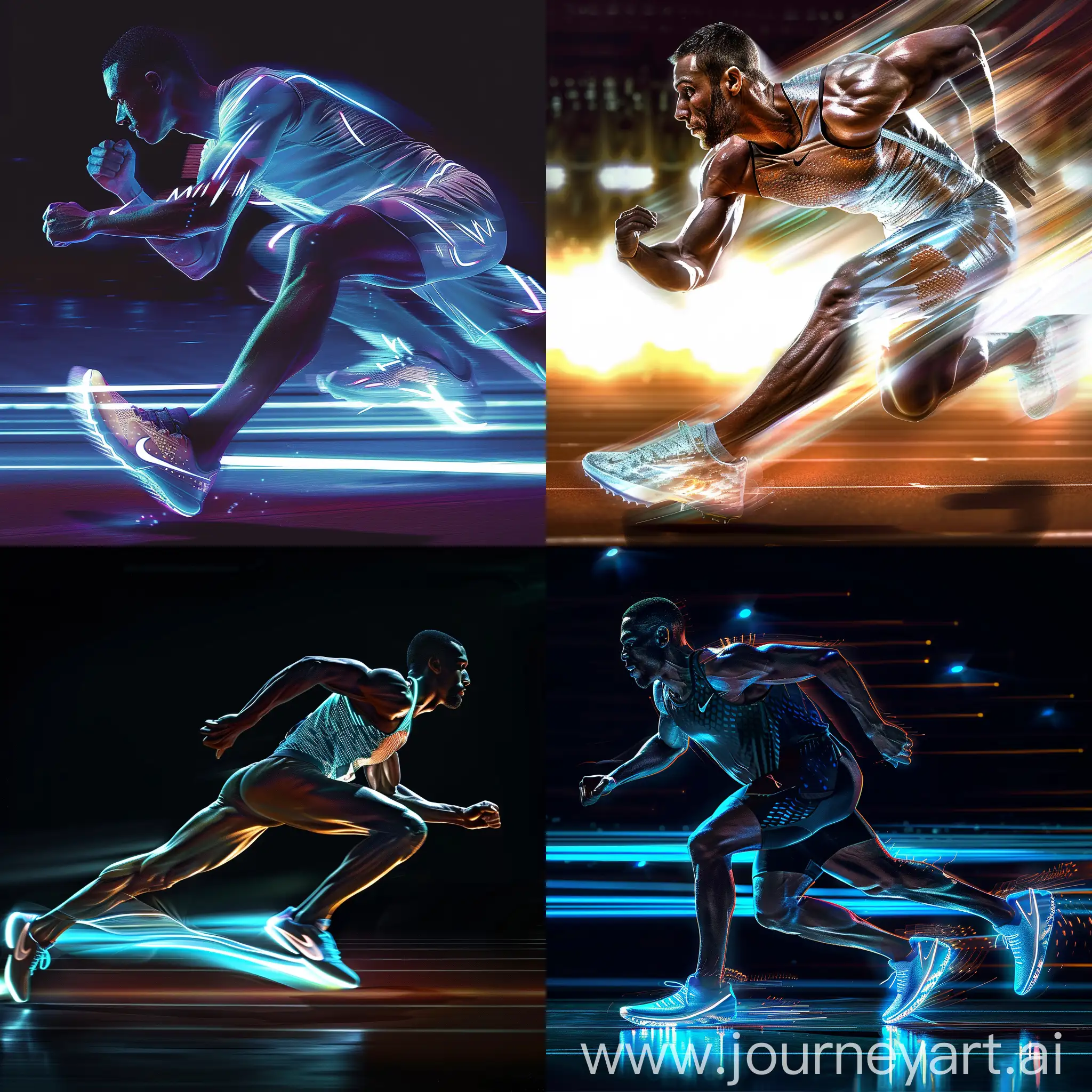Capture the essence of speed, agility, and performance with a visually striking image showcasing our cutting-edge athlete shoe. Picture an athlete in mid-stride, muscles tensed with determination, as they propel forward with the sleek silhouette of our shoe gleaming beneath them. Whether on the track, court, or field, let the image radiate energy, power, and the promise of reaching new athletic heights. Emphasize the sleek design, advanced technology, and superior craftsmanship of our shoe, inviting viewers to envision themselves conquering their athletic goals in style.