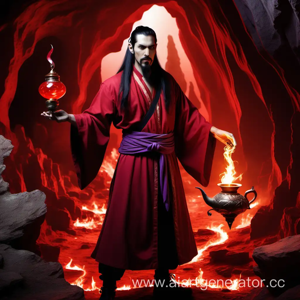 В красной цветовой гамме мужчина-колдун с длинными черными волосами, собранными в хвост, козлиной бородкой и острыми ушами, в руках лампа джина с красной жидкостью, на фоне пещера и огонь