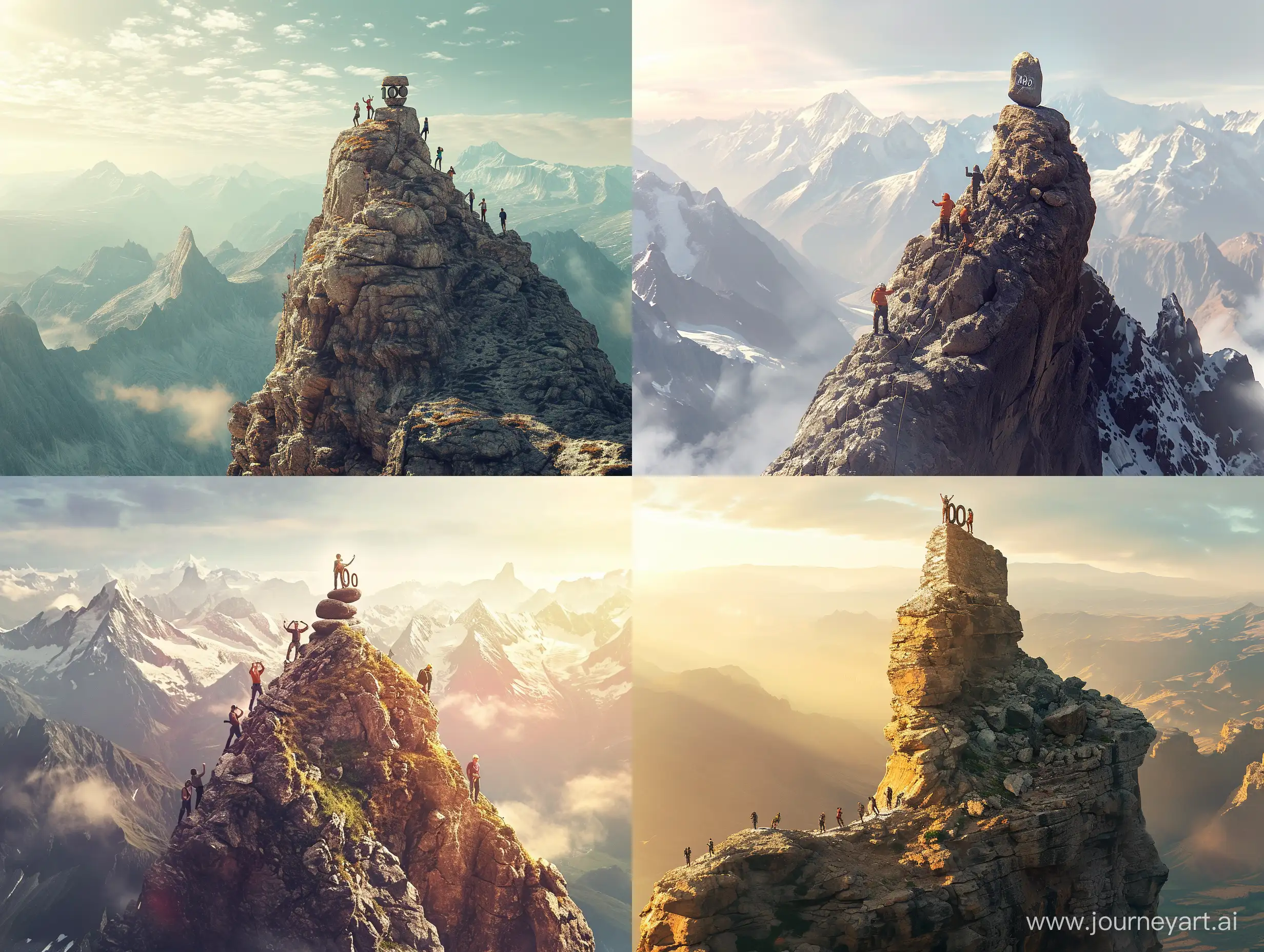 Realistic, Canon EOS 5d, a group of people are trying to climb a high mountain, standing on the top of the mountain to celebrate, the top stone is a rock in the shape of the number "1000", and there are higher distant mountains, realistic, accurate depiction, soft light, realistic sunshine