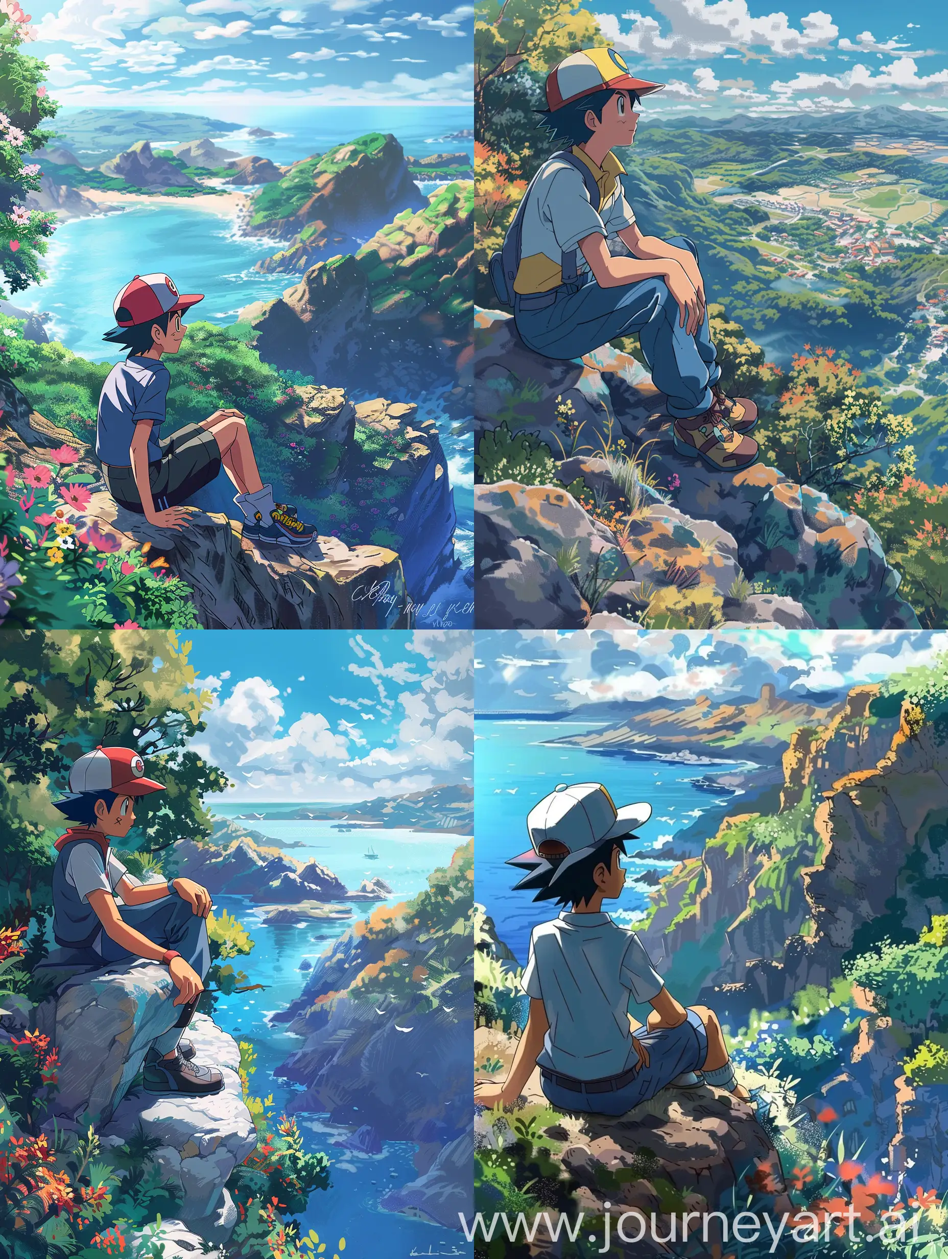 Ash Ketchum from pokemon anime in Ghibli studio style,just sitting on a rock and viewing a beautiful view,avoid bad and distorted view of ash Ketchum,avoid distorted view of his face,avoid missing fingers.