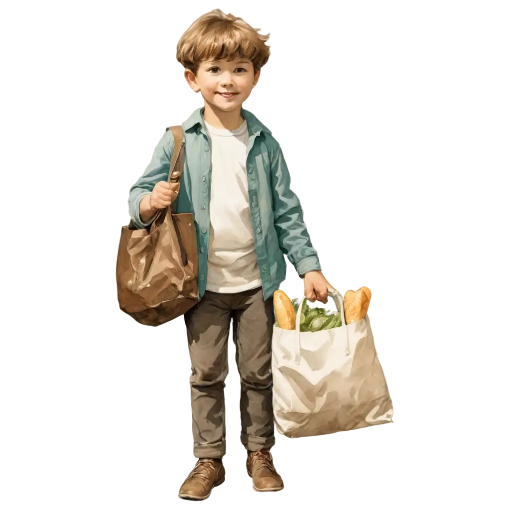 Illustration of a little boy giving a bag of groceries and is claude monet styled