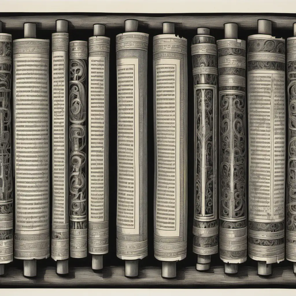 a black and white 
woodcut of ancient scrolls that are closed