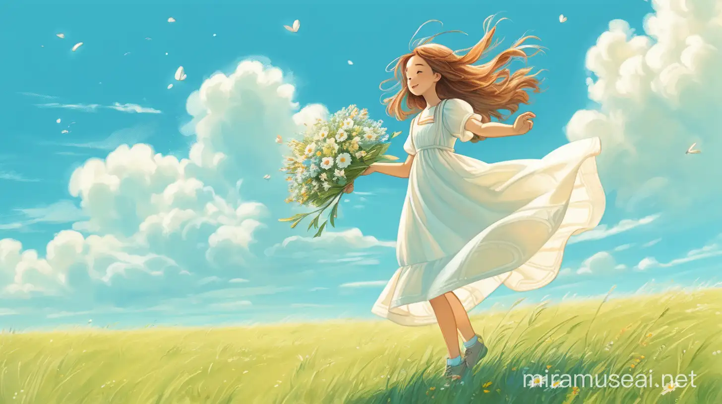 q版女孩，草原上，抱花，左下角构图，浅白色裙子，蓝天白云，插画风格，风吹发，望天空，草绿色背景，温暖色调，欢快情绪。