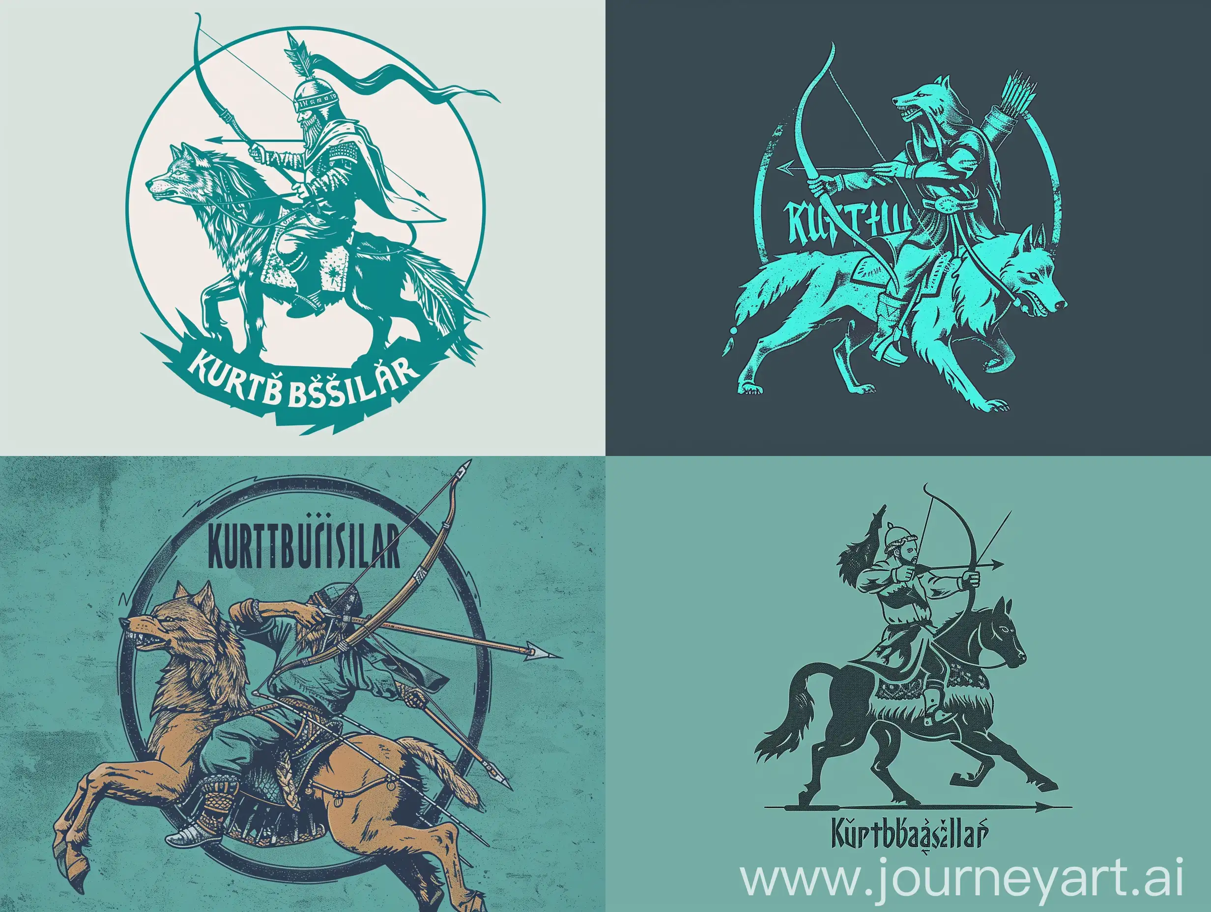 Draw a Mongolian Mounted Archer with a Wolf Helmet, write "Kurtbaşlılar" on it in Turkish and make it a logo in turquoise tones.