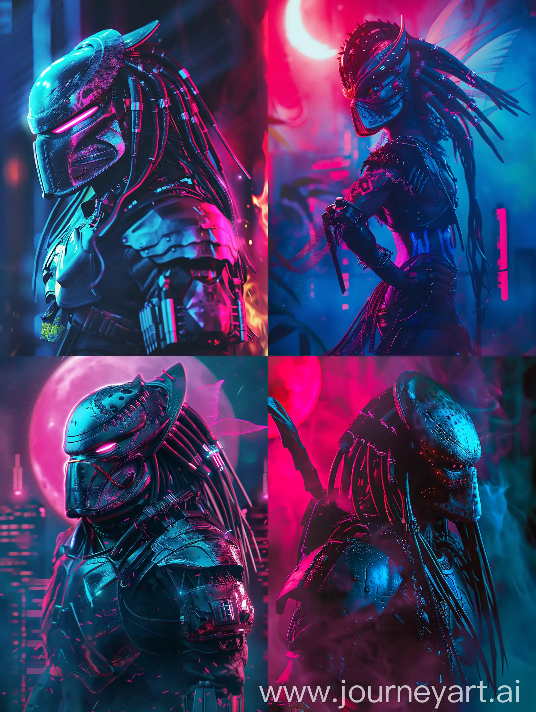 Predator, darkness, potrait,  with subtle pink and blue gradients, realistic, high detail, attractive, fit, cyberpunk fantasy, futuristic fairy psychedelic tale, robotic lasers fairy dancing rave in an neon incandescent flame, moonlight enveloping attire tech-punk mech-punk cityscape
