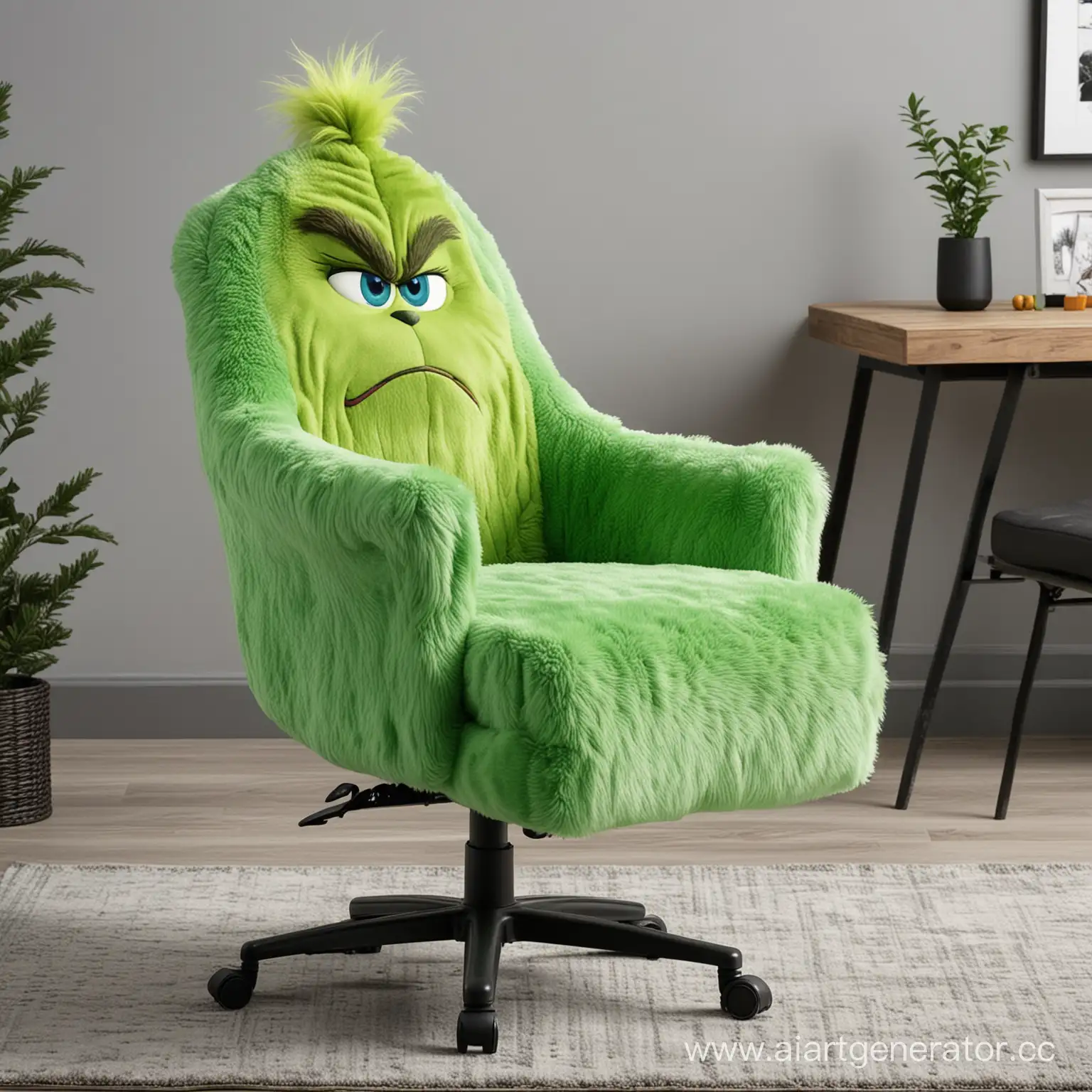 Геймерское кресло в виде мистера гринча, пушистый материал, зелёно-голубой цвет, голова утоплена в спинку кресла, высокий подъём