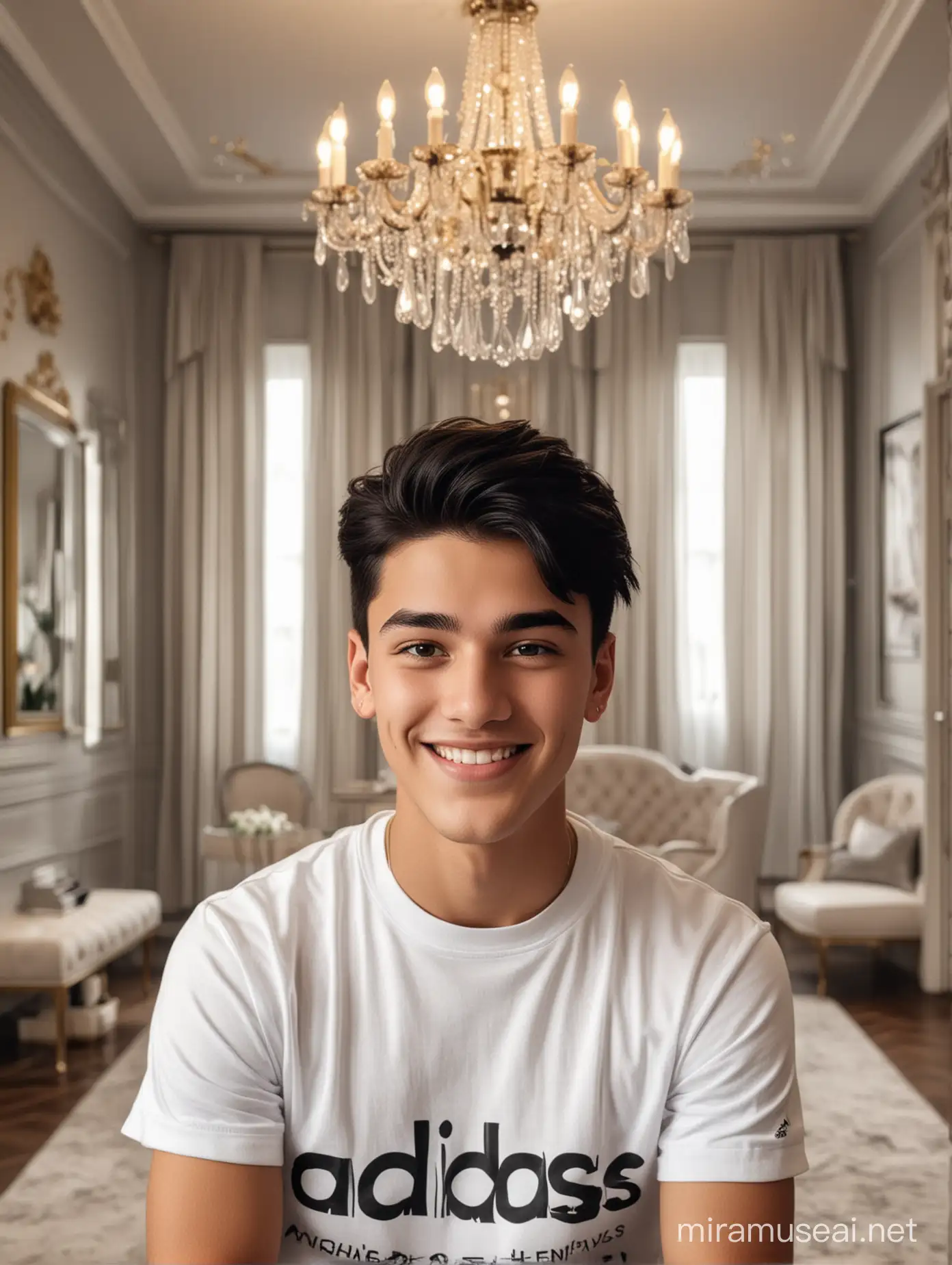 Handsome Young Man Smiling in Luxurious Room with Chandeliers