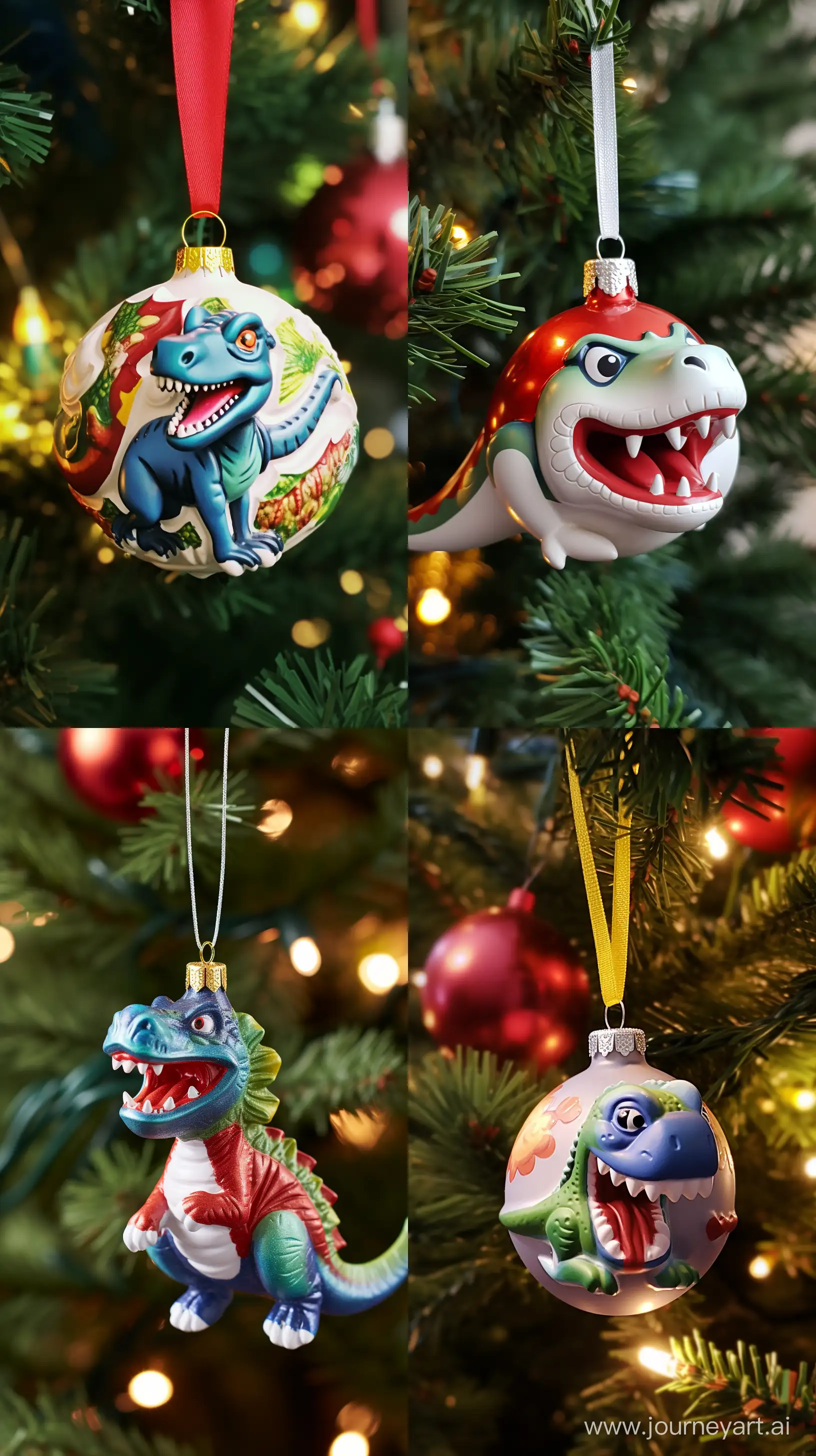 A single Christmas bauble designed like a colorful cartoon dinosaur, complete with a playful expression and a tiny Santa hat, adding a prehistoric twist to the tree decorations --ar 9:16