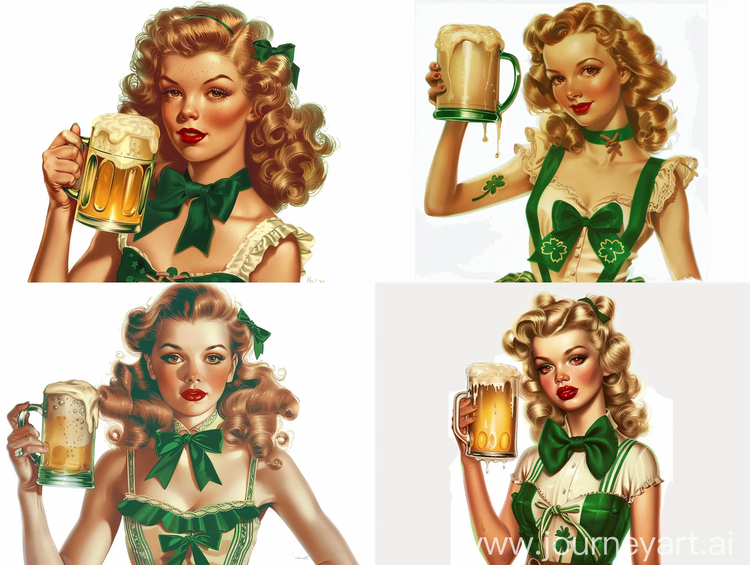 vintage pin-up girl holding beer mug, mid-20th century American style, fair skin, red lips, blonde victory roll curls, green bow, St. Patrick's Day outfit, sweetheart neckline, knot detail, frothy beer mug, transparent sides, plain white background, classic illustration, high resolution, vintage theme, 1950s fashion, traditional tattoo art, Norman Rockwell, Gil Elvgren, retro pin-up, detailed, close-up, portrait, soft lighting, warm tones, vintage camera filters, shallow depth of field, medium format lens, bokeh, vintage grain, 1950s color palette, isolated and centred on white background