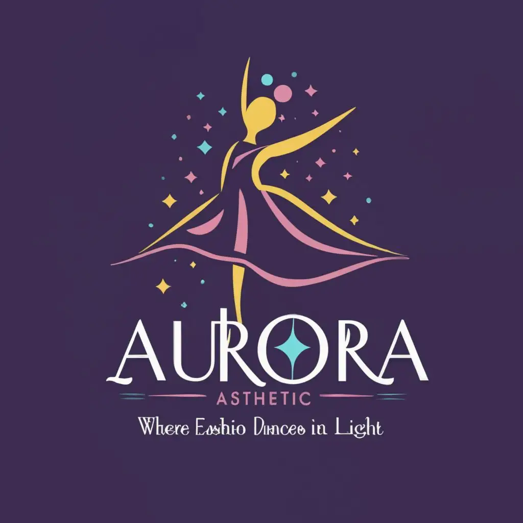 logo, female in a dress purple
 background, with the text "Aurora Aesthetic 
Where Fashion Dances in Light.", typography