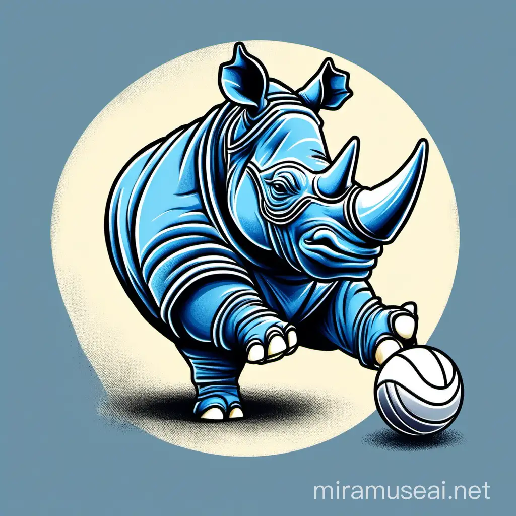 cartoon rhino playing voleyballl, grey and blue t-shirt design, low detail
