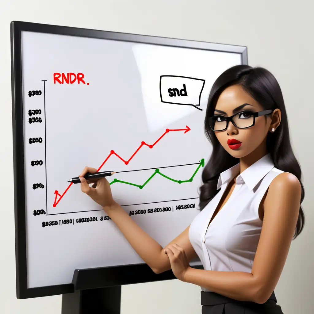 Sexy Indonesian secretary, "RNDR" price chart uptrend on whiteboard 