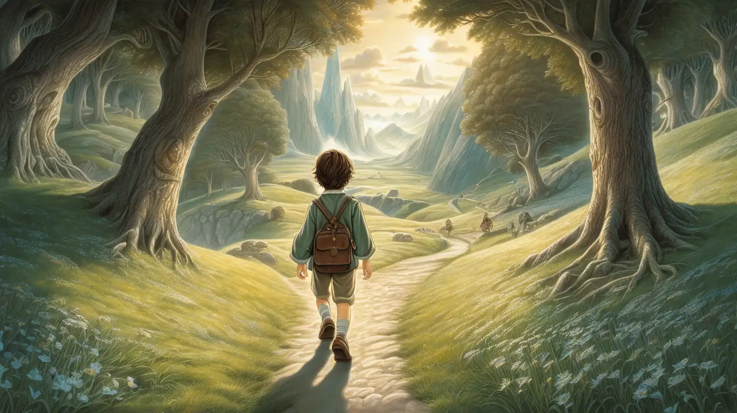 a boy with brown hair, beauiful illustration of fantasy, wonderland, the lord of the rings, walking trough auenland, wide angle, soothing, dark, dreaming, music, amazing detailed game poster, Hayao Miyazaki --ar3:2 --niji 5