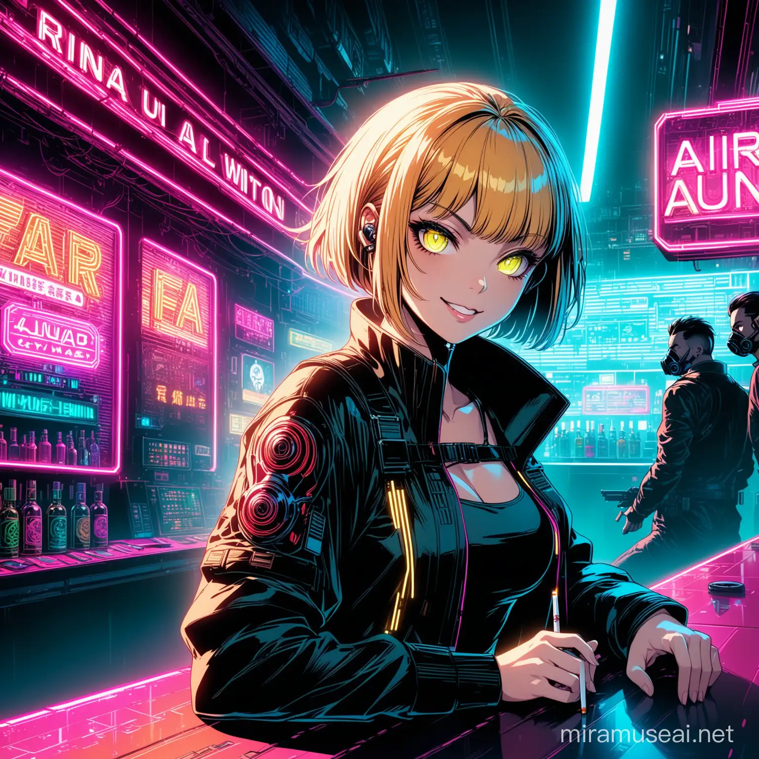 Kyoto animation stylized anime mixed with futuristic cyberpunk artworks ~female wearing gas mask, short choppy blonde hair, pixie cut,  smoking a cigarette inside a futuristic bar, Neon signs, different color, tattoos, face piercings, weapon on the table, smirk, modern cyberpunk fantasy world, different colored neon signs. Cinematic Lighting, dark lighting, ethereal light, intricate details, extremely detailed, complex details, insanely detailed and intricate, hypermaximalist, extremely detailed with rich colors. masterpiece, best quality, aerial view, HDR, UHD, unreal engine. Smooth skin, smug face, heterochromic eyes, winking, cards on the table, cool aura, ((acrylic illustration by artgerm, by kawacy, by John Singer Sargenti) dark fantasy background, blade runner, akira, fair skin, rich in details, high quality, gorgeous, dystopian, neon signs, final fantasy style, gorgeous, glamorous, 8k, super detail, gorgeous light and shadow, detailed decoration, detailed lines,  cinematic, cool pose,
