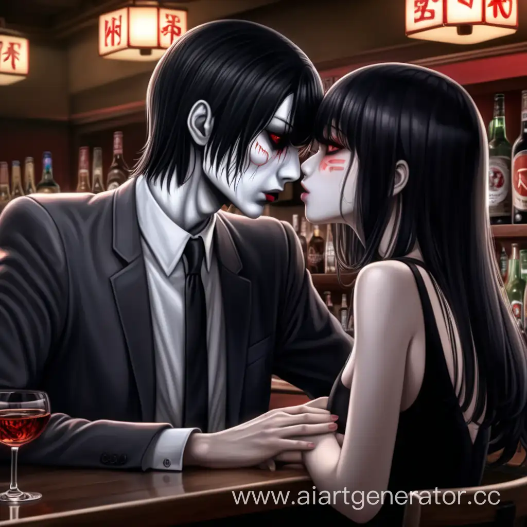 Китайский молодой худой мужчина 27 лет мафиози, красные глаза, чёрные волосы, бледная кожа. За в баре целует женщину #аниме #4k #realistic #horor 